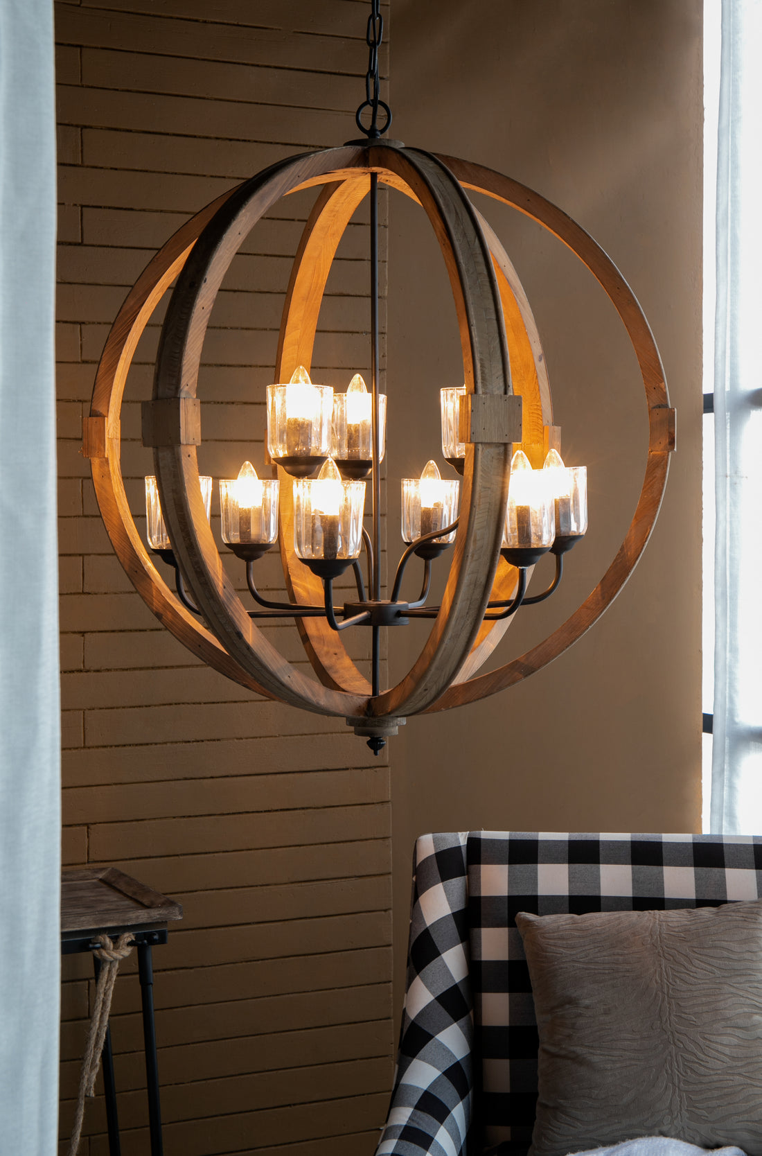 9 Light Globe Chandelier, Wood Chandelier Hanging Light Fixture With Adjustable Chain For Kitchen Dining Room Foyer Entryway, Bulb Not Included Brown Wood