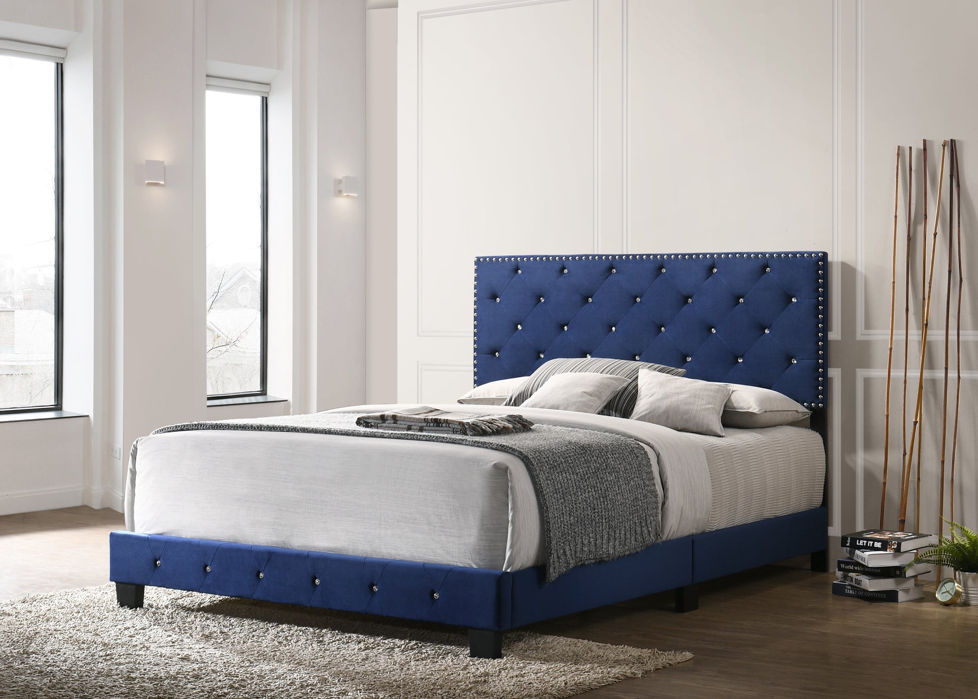 Noble Navy Queen Bed With Transitional Flair Navy Blue Foam Velvet