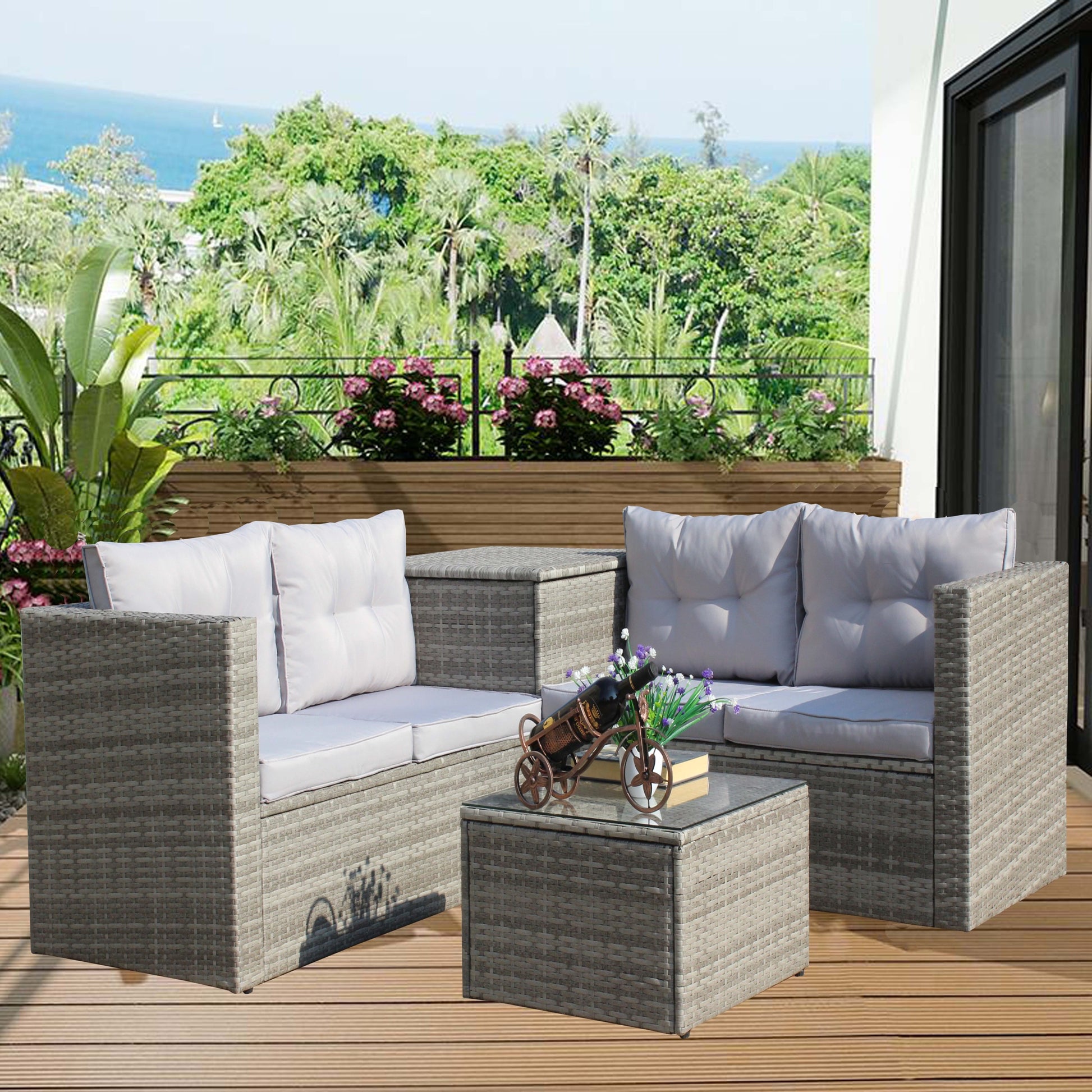 4 Piece Patio Sectional Wicker Rattan Outdoor Furniture Sofa Set With Storage Box Grey Grey Iron