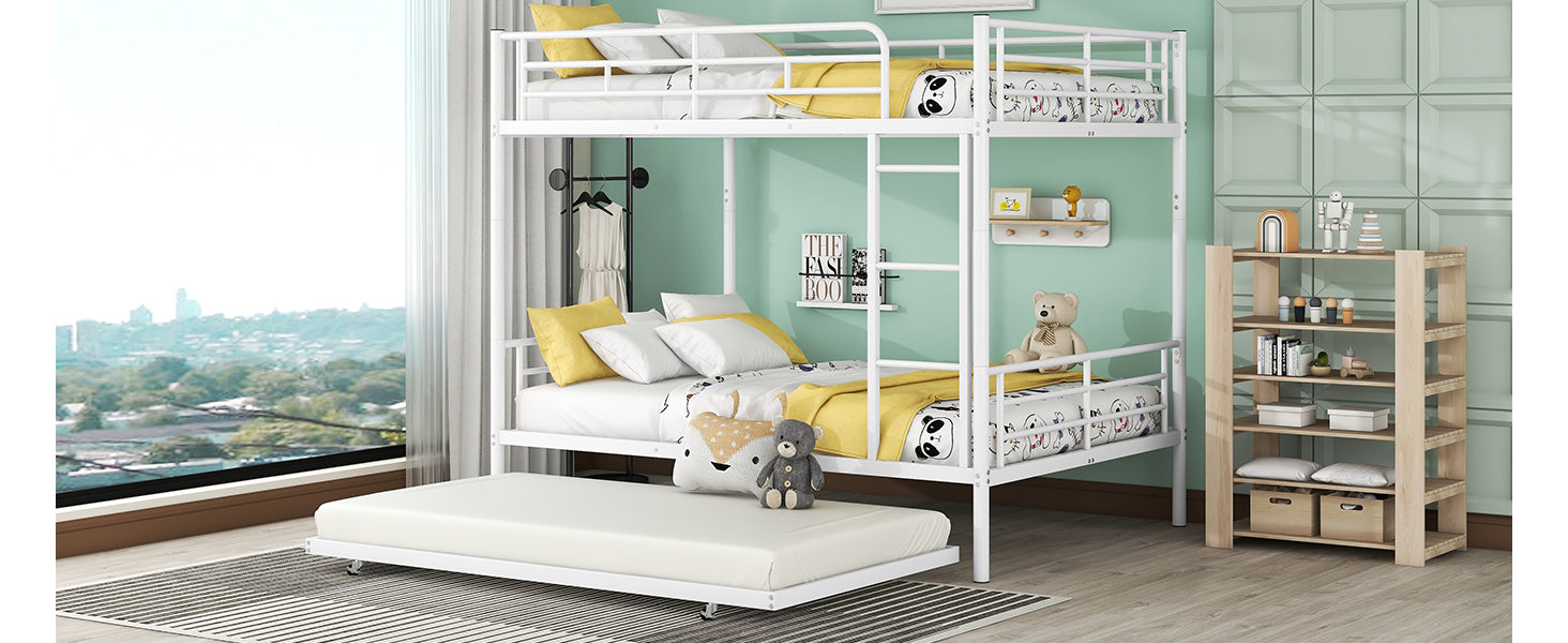 Full Over Full Metal Bunk Bed With Trundle, White White Iron