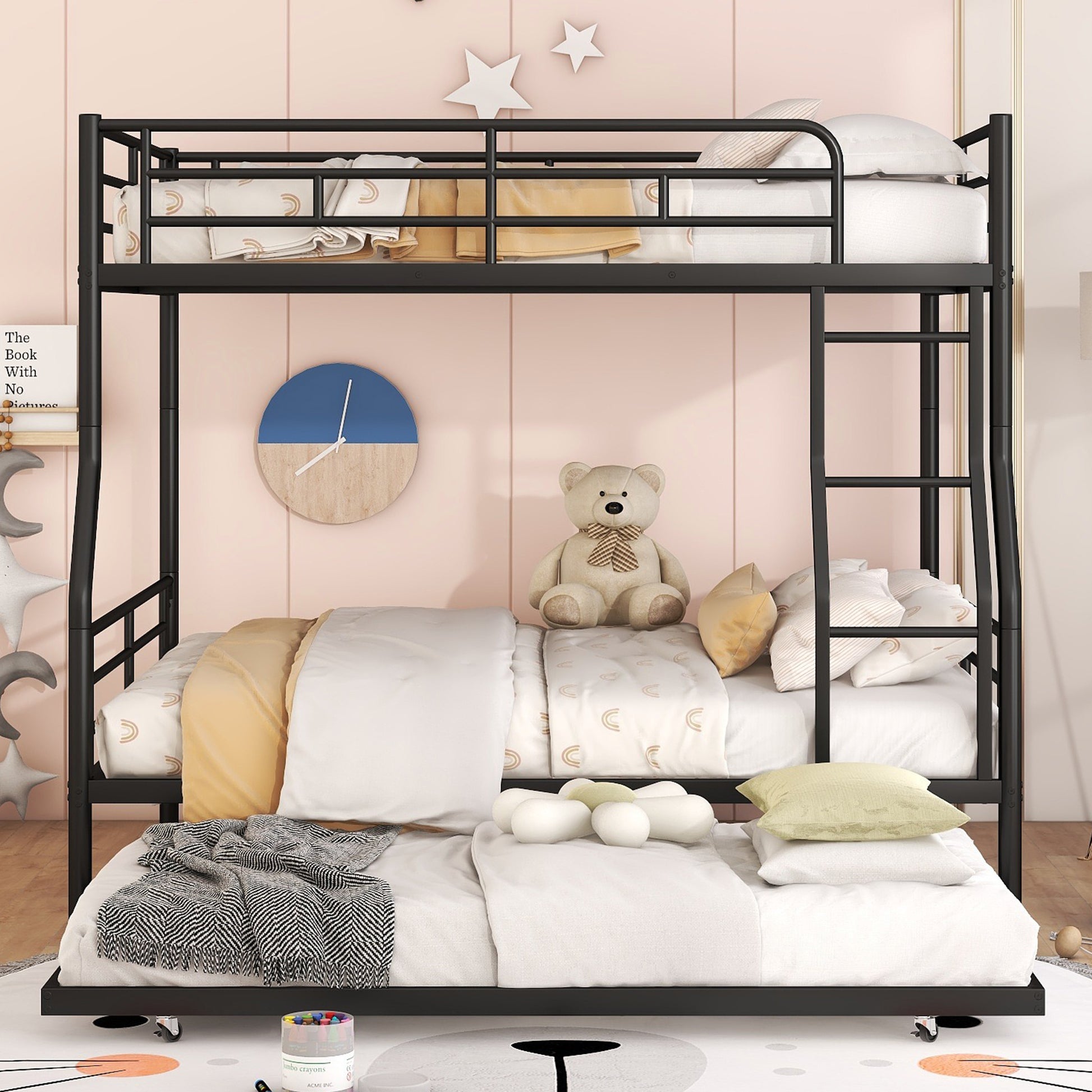 Full Xl Over Queen Metal Bunk Bed With Trundle, Black Full Xl Black Iron