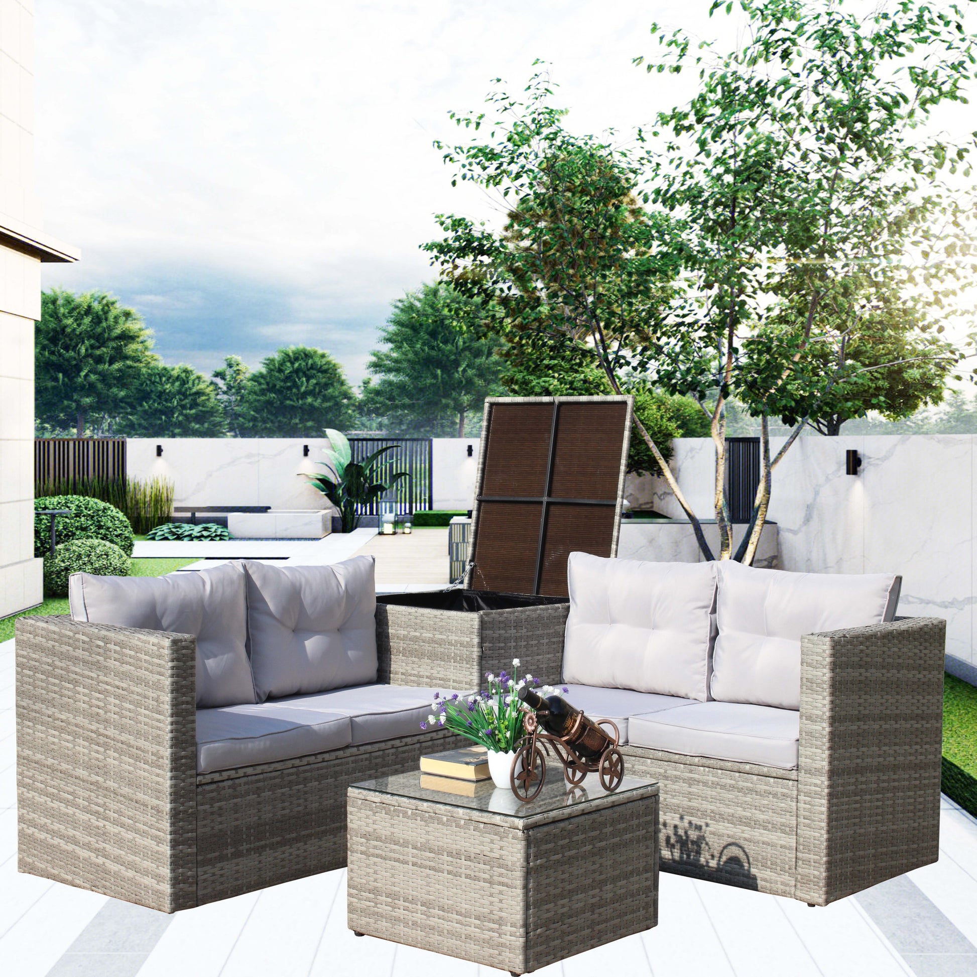 4 Piece Patio Sectional Wicker Rattan Outdoor Furniture Sofa Set With Storage Box Grey Grey Iron