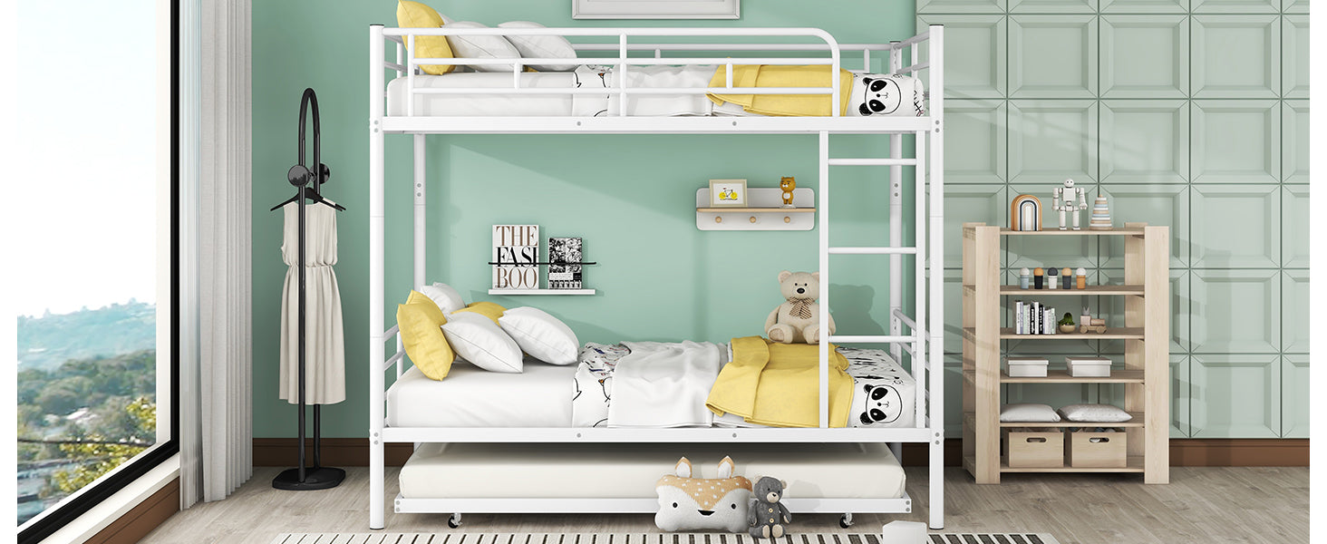 Full Over Full Metal Bunk Bed With Trundle, White White Iron