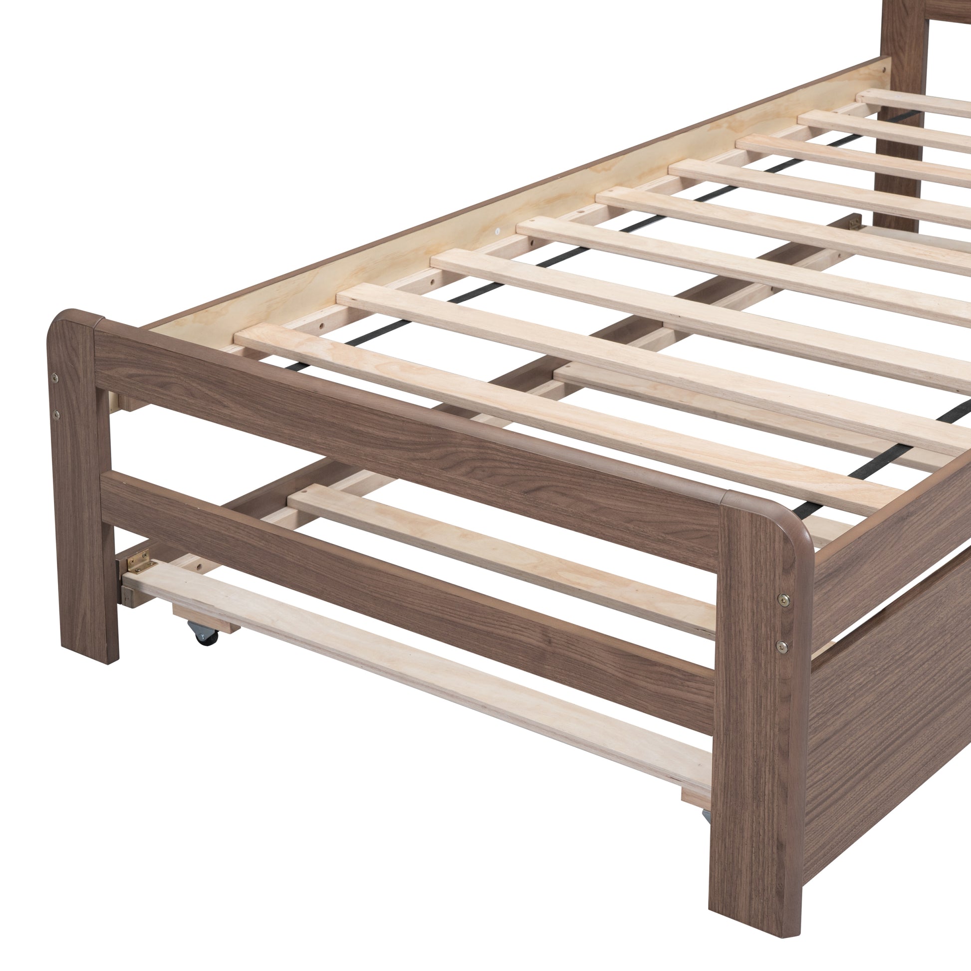 Modern Design Wooden Twin Size Platform Bed Frame With Trundle For Walnut Color Walnut Rubber Wood