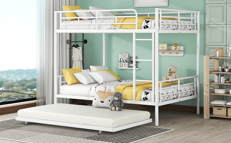 Full Over Full Metal Bunk Bed With Trundle, White White Iron