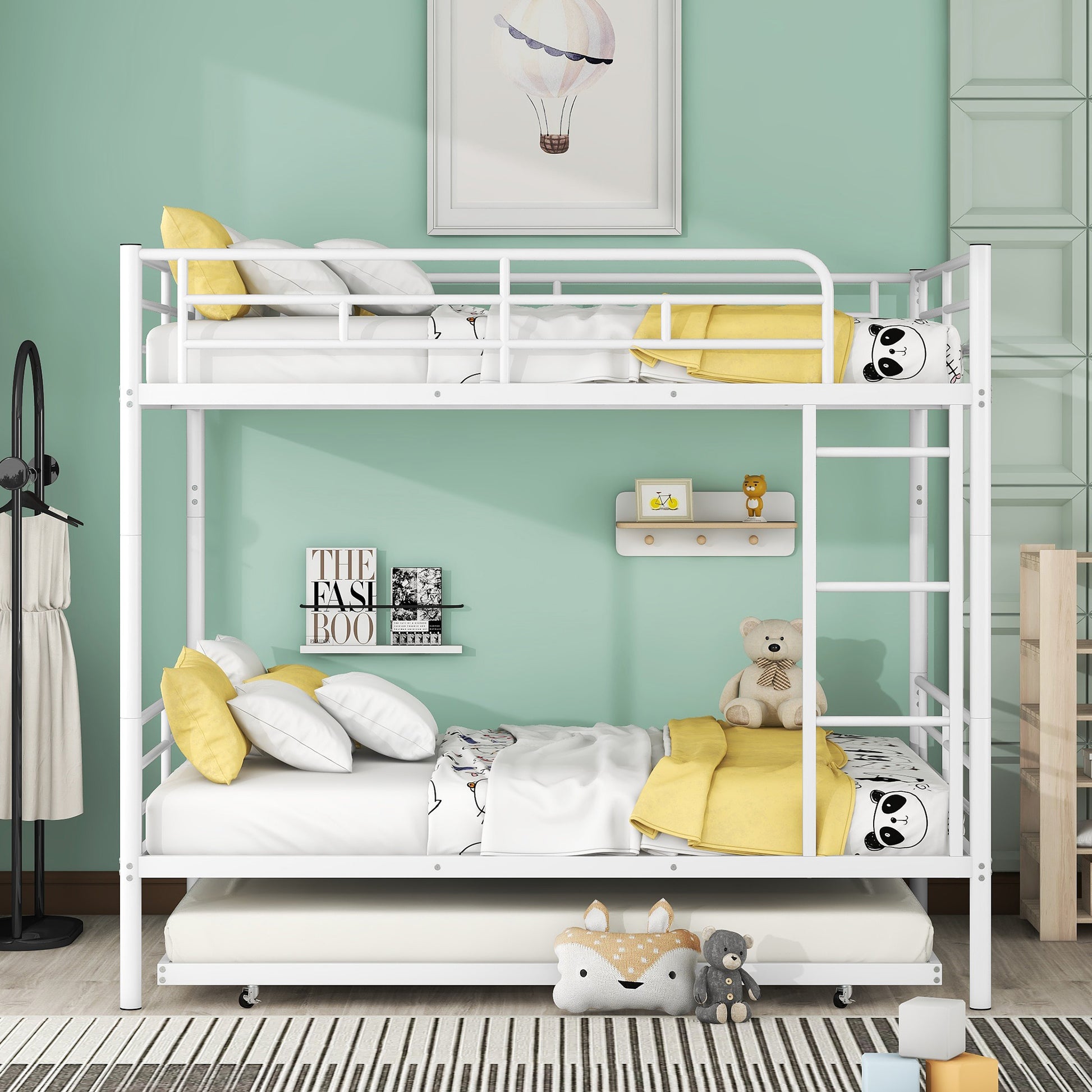 Full Over Full Metal Bunk Bed With Trundle, White White Iron