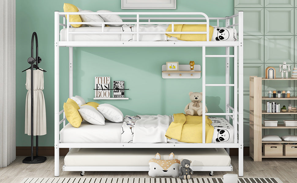 Full Over Full Metal Bunk Bed With Trundle, White White Iron