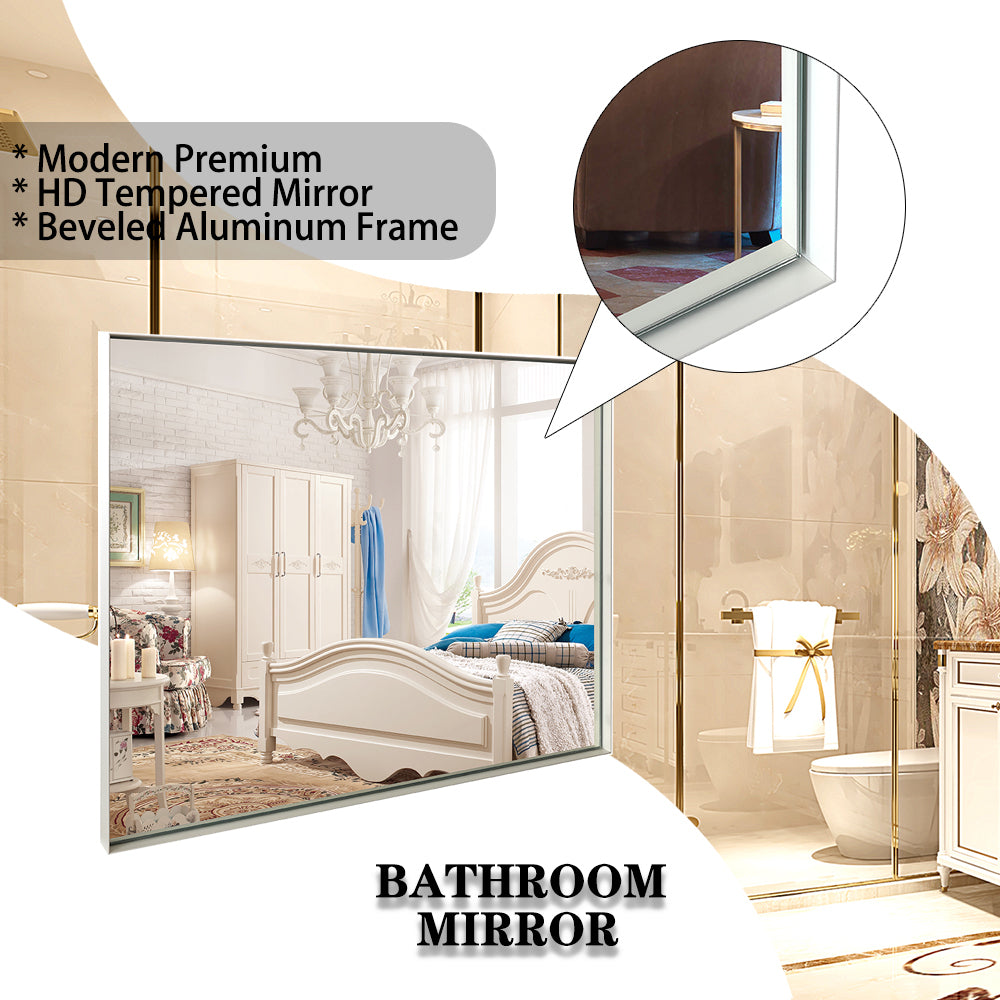 40X30Inch Glossy White Rectangular Wall Mounted Beveled Bathroom Mirror,Square Angle Metal Frame Wall Mounted Bathroom Mirrors For Wall Horizontal & Vertical White Luxury Glass Aluminium Alloy