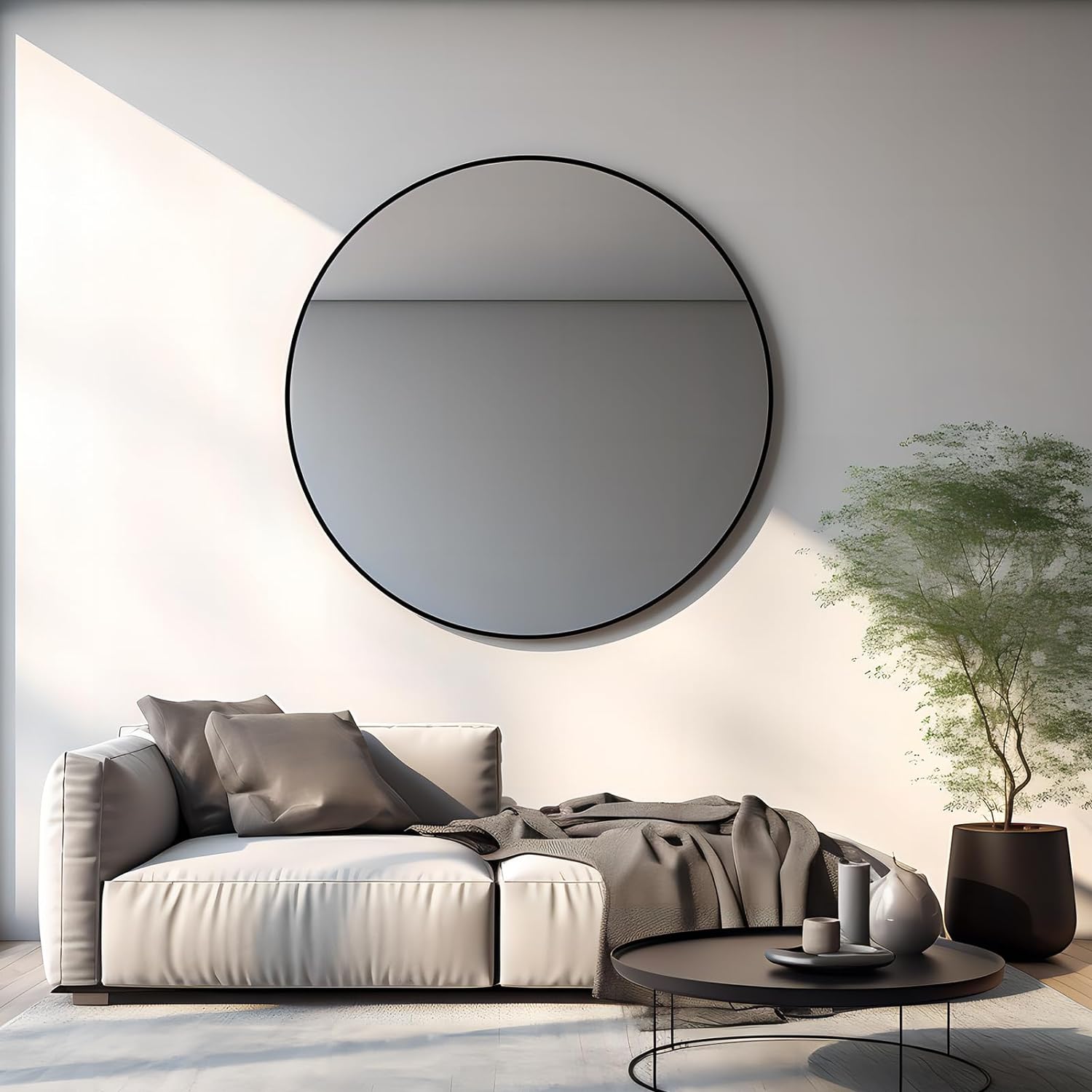 Black 42 Inch Metal Round Bathroom Mirror Black Classic Mdf Glass Aluminium Alloy