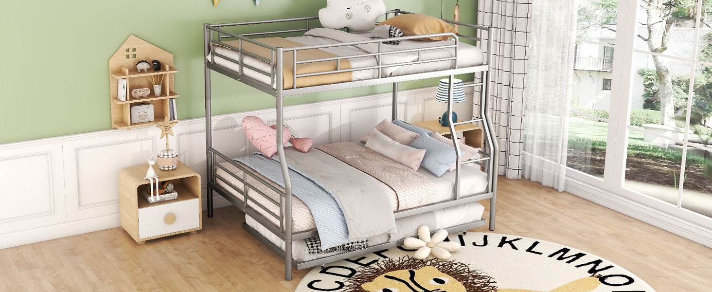 Full Xl Over Queen Metal Bunk Bed With Trundle, Silver Full Xl Silver Iron