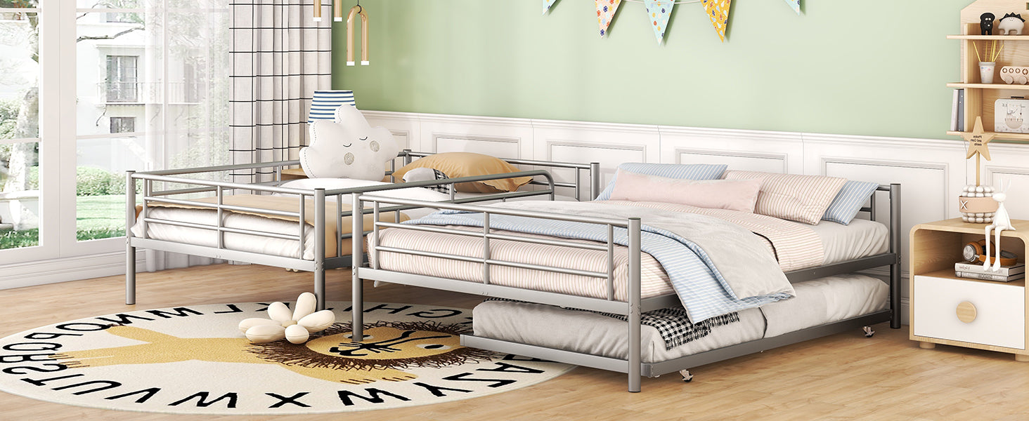 Full Xl Over Queen Metal Bunk Bed With Trundle, Silver Full Xl Silver Iron