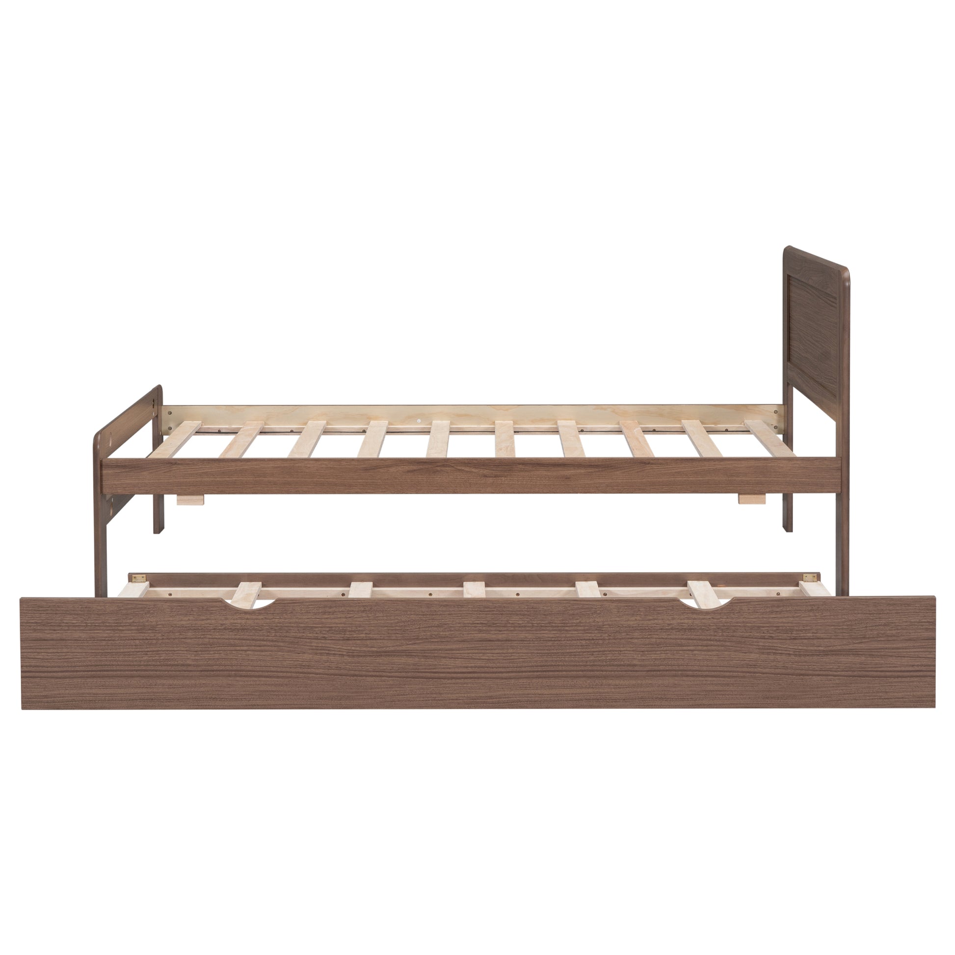 Modern Design Wooden Twin Size Platform Bed Frame With Trundle For Walnut Color Walnut Rubber Wood