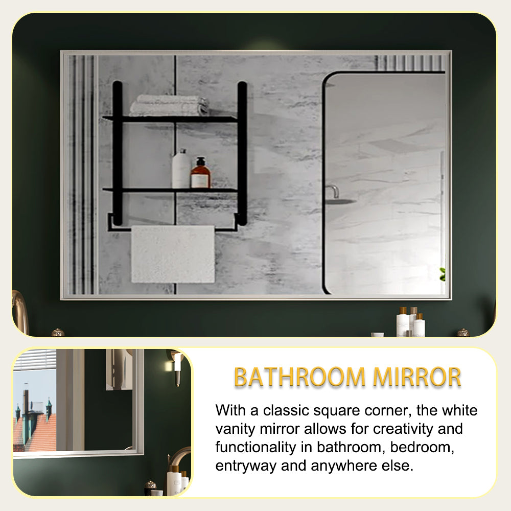 40X30Inch Glossy White Rectangular Wall Mounted Beveled Bathroom Mirror,Square Angle Metal Frame Wall Mounted Bathroom Mirrors For Wall Horizontal & Vertical White Luxury Glass Aluminium Alloy