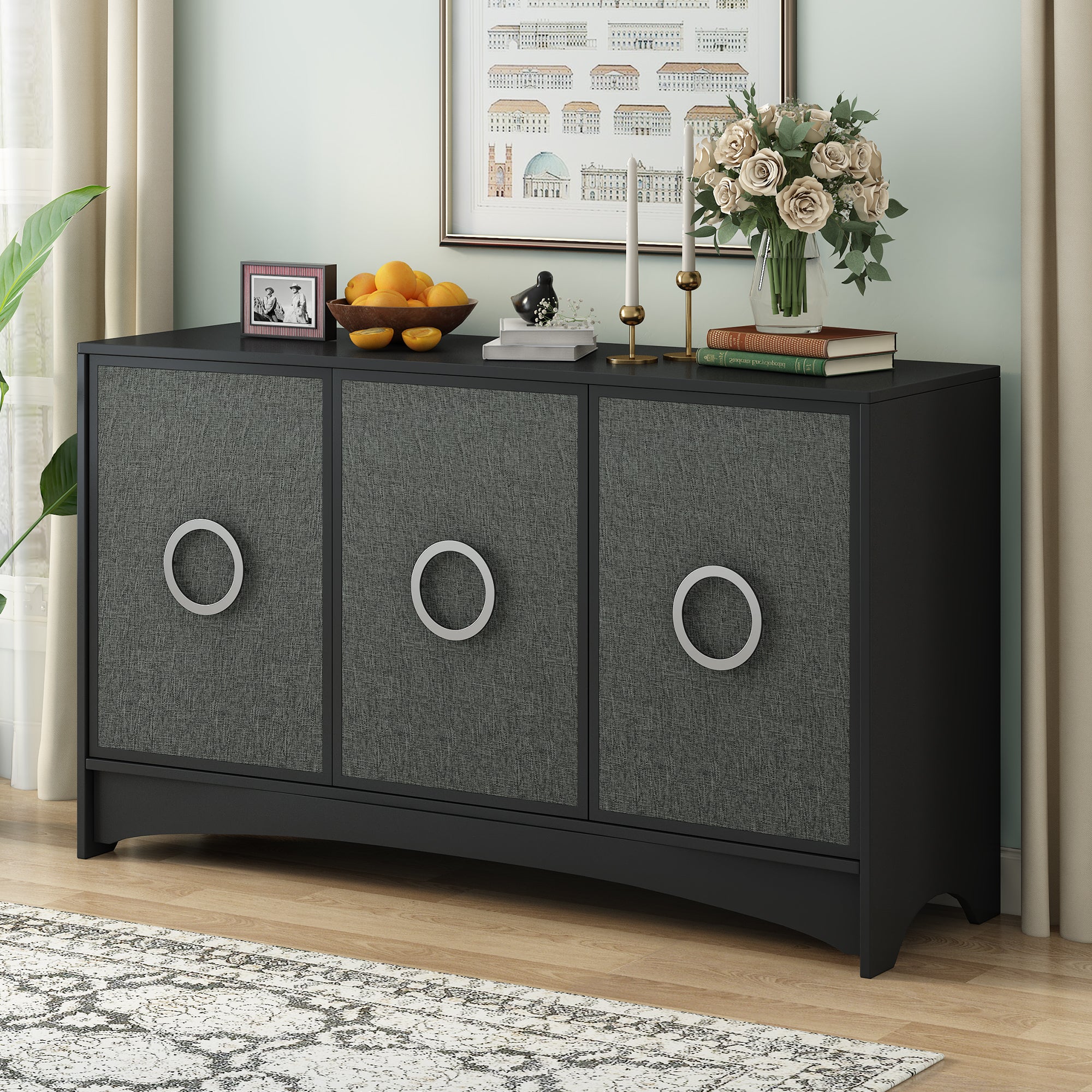 Curved Design Storage Cabinet With Three Doors And Adjustable Shelves, Suitable For Corridors, Entrances, Living Rooms, And Study 1 2 Shelves Black Mdf