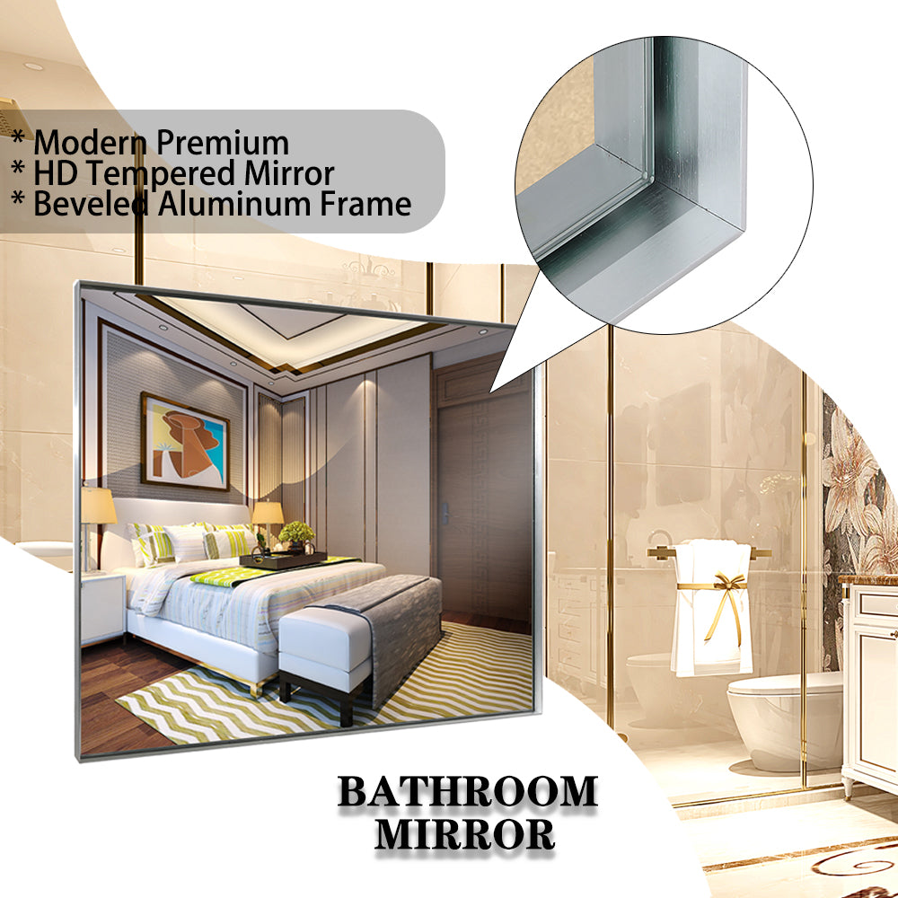 36X24Inch Glossy Brushed Silver Framed Mirror For Bathroom Rectangular Wall Bathroom Mirror Metal Frame Farmhouse Mirror Large Decorative Square Corner Rectangle Mirror Horizontal & Vertical Silver American Design Aluminum