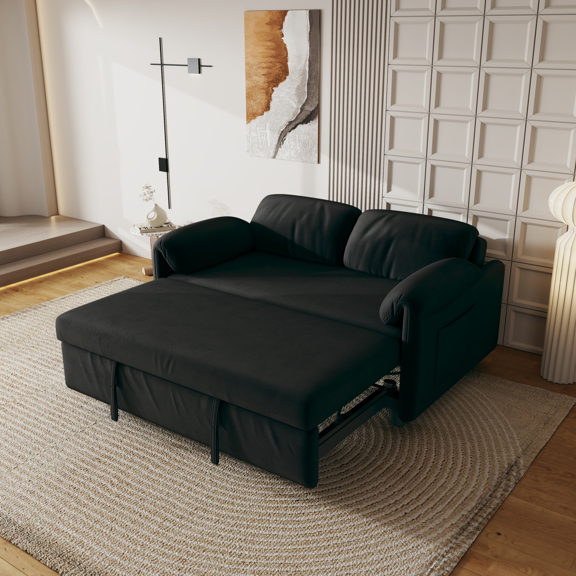 54 Inch Velvet Sofa Sofa Bed Dual Purpose Living Room Retractable Bed Black Sofa Black Velvet