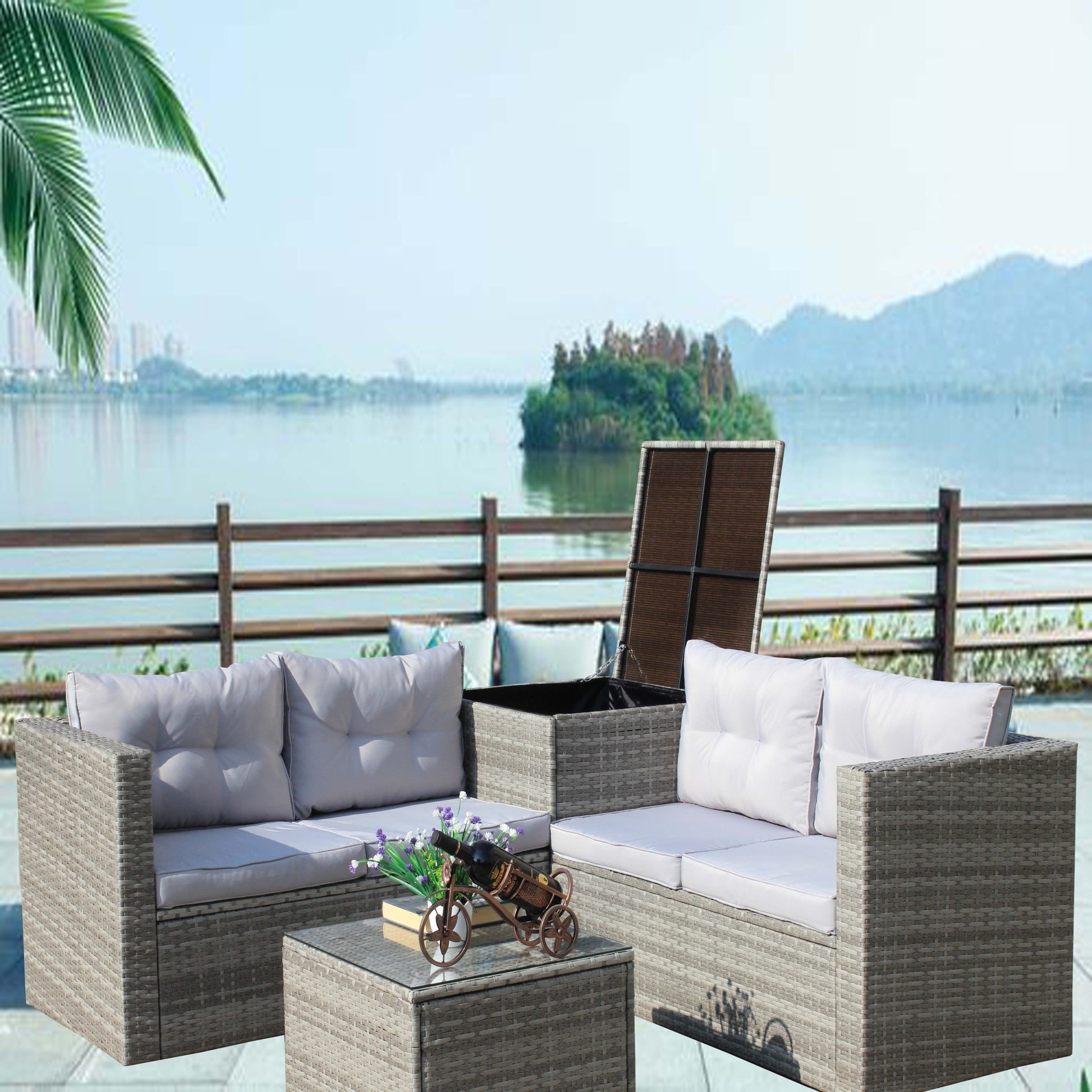 4 Piece Patio Sectional Wicker Rattan Outdoor Furniture Sofa Set With Storage Box Grey Grey Iron