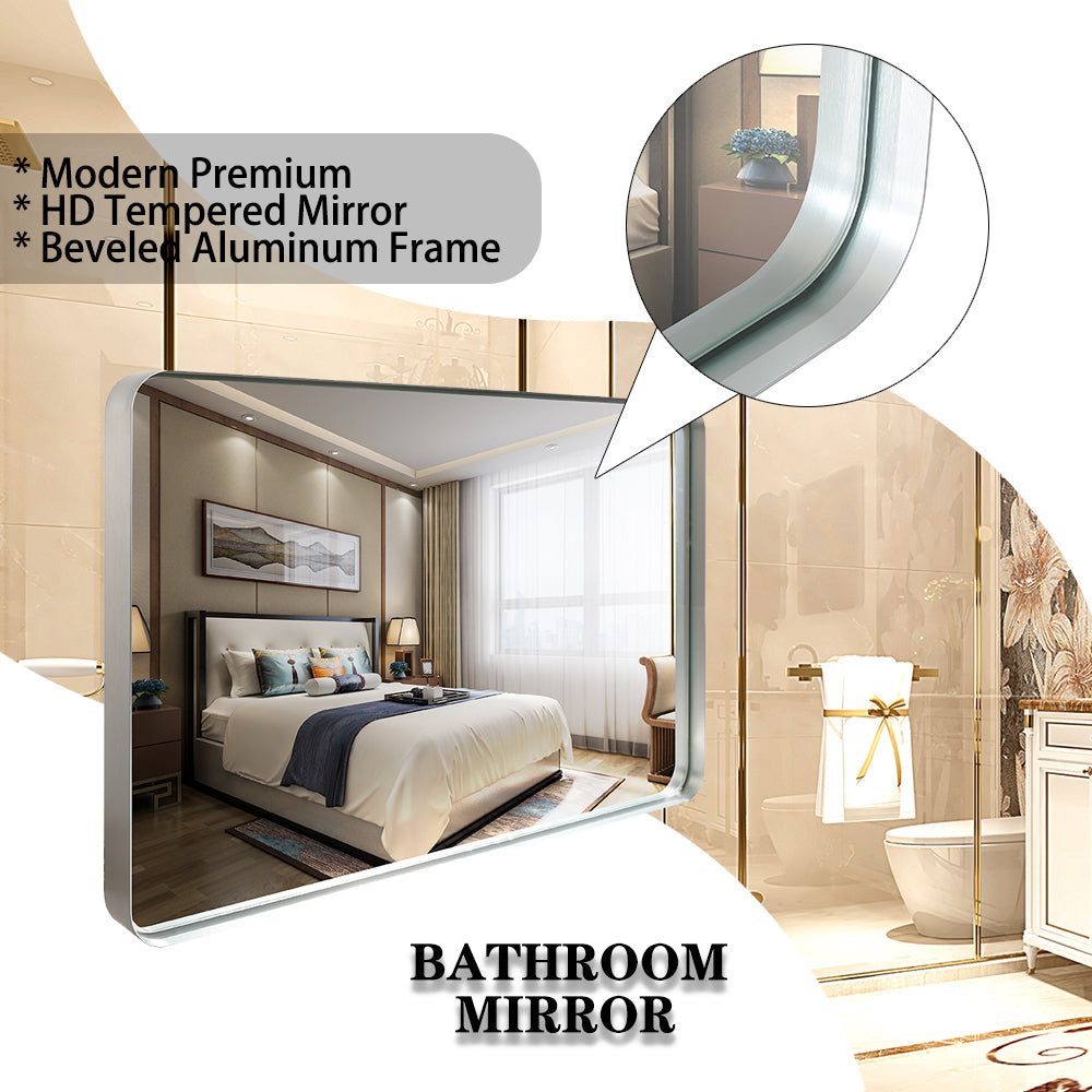 40X30Inch Brushed Silver Rounded Corner Rectangle Bathroom Mirror For Wall Metal Frame Wall Mounted Bathroom Mirror Vanity Bathroom Mirror Horizontal & Vertical Silver Classic,Modern Aluminium Alloy