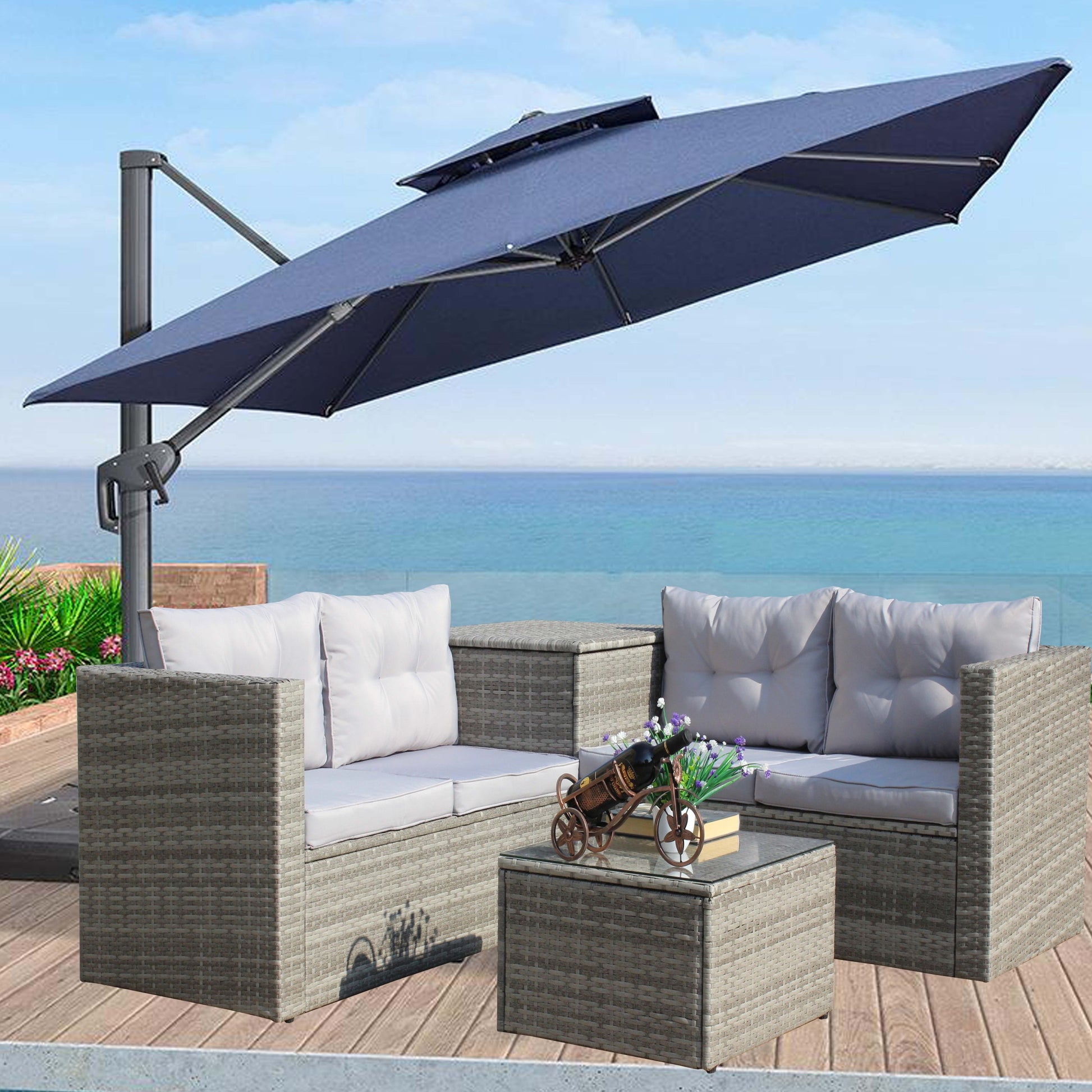 4 Piece Patio Sectional Wicker Rattan Outdoor Furniture Sofa Set With Storage Box Grey Grey Iron