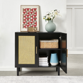 Side Panel Buffet Cabinet With Natural Rattan Door, Rattan Storage Cabinet With Adjustable Shelves, Side Panel And Buffet With Storage Space, Modern Console Cabinet In Bedroom And Living Room Black Modern Particle Board