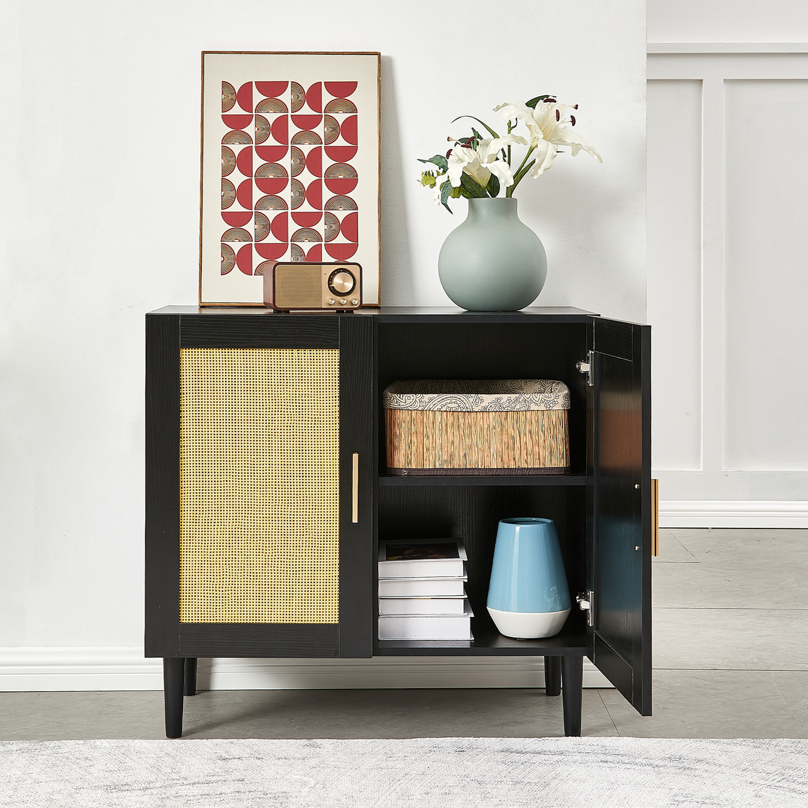 Side Panel Buffet Cabinet With Natural Rattan Door, Rattan Storage Cabinet With Adjustable Shelves, Side Panel And Buffet With Storage Space, Modern Console Cabinet In Bedroom And Living Room Black Modern Particle Board