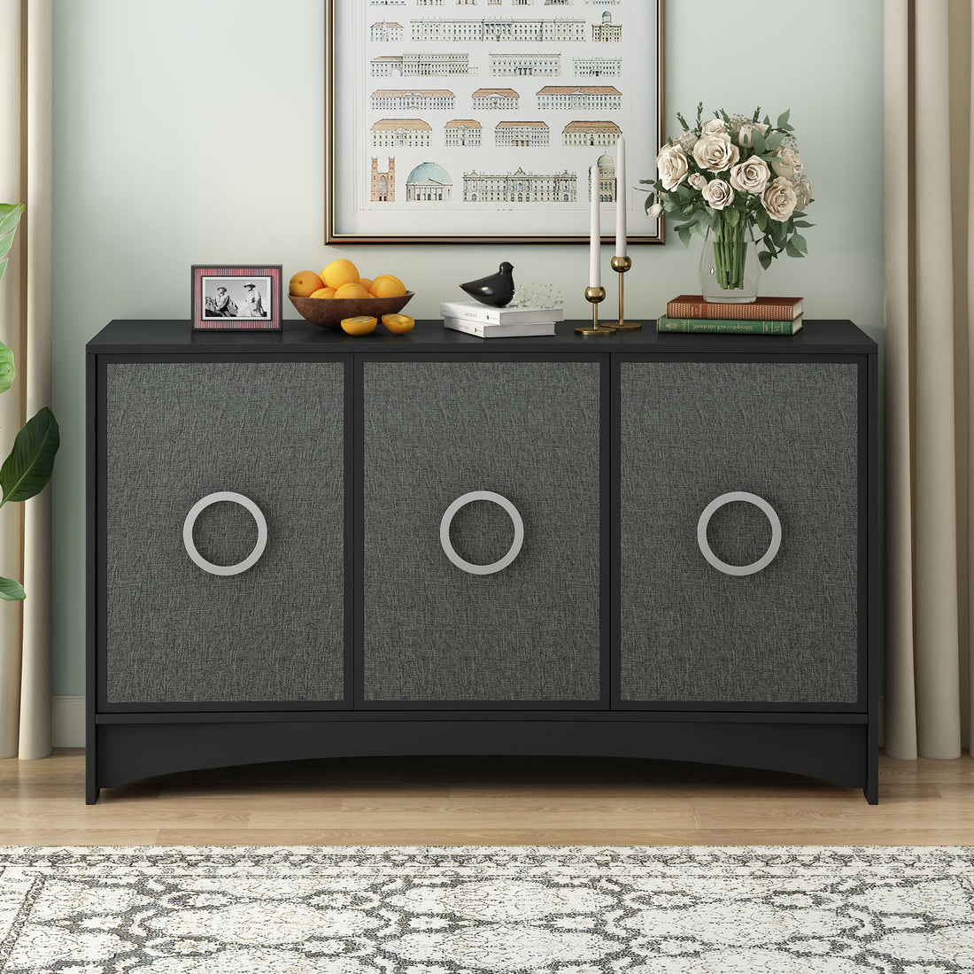 Curved Design Storage Cabinet With Three Doors And Adjustable Shelves, Suitable For Corridors, Entrances, Living Rooms, And Study 1 2 Shelves Black Mdf