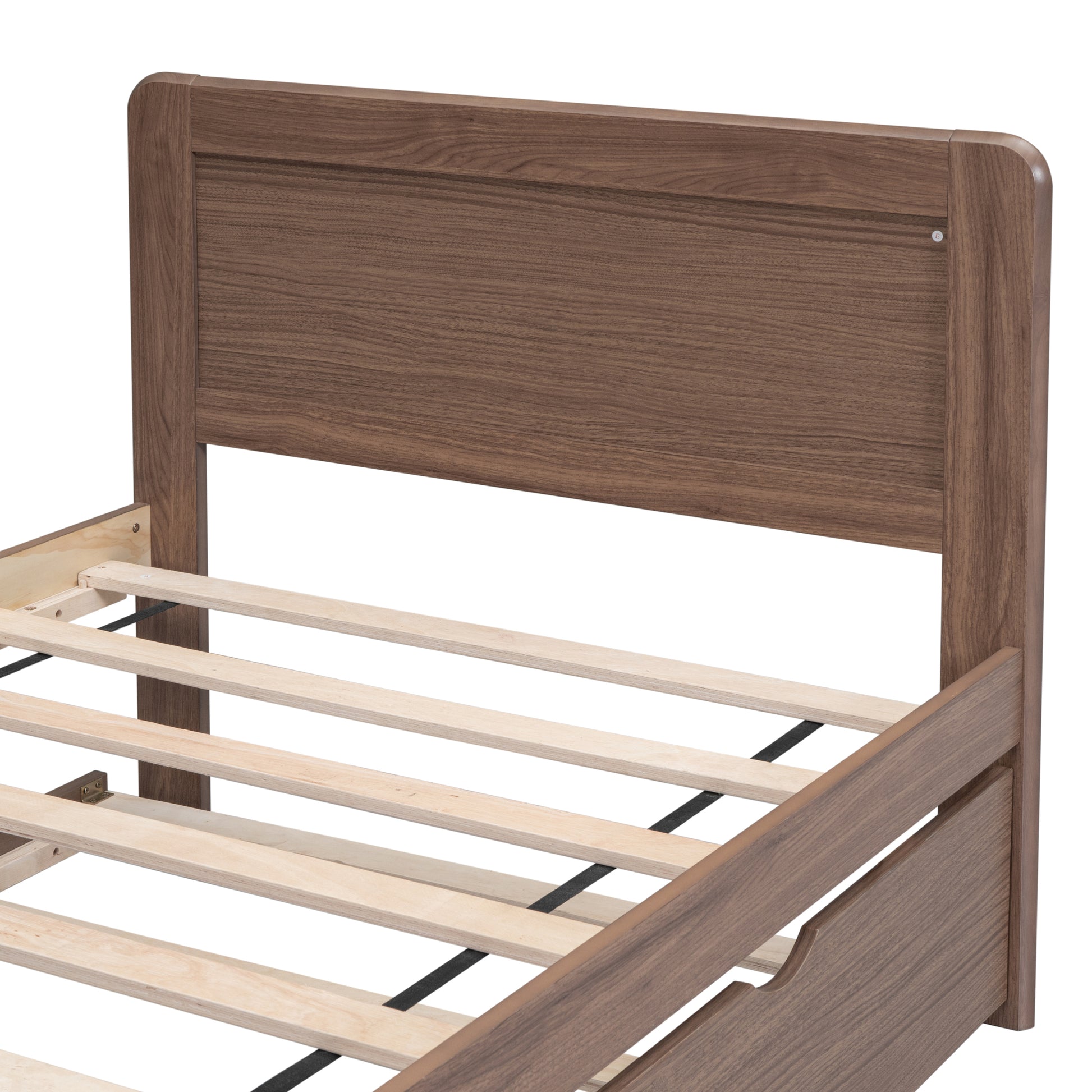 Modern Design Wooden Twin Size Platform Bed Frame With Trundle For Walnut Color Walnut Rubber Wood