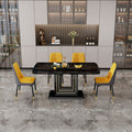 Table And Chair Set, 1 Table, 4 Pu Chairs. Black Imitation Marble Pattern Desktop. Black Mdf Table Legs. Chair With Orange Dark Gray Dual Tone Pu Leather Backrest And Black Metal Legs F Sq C 007 Black Mdf Glass