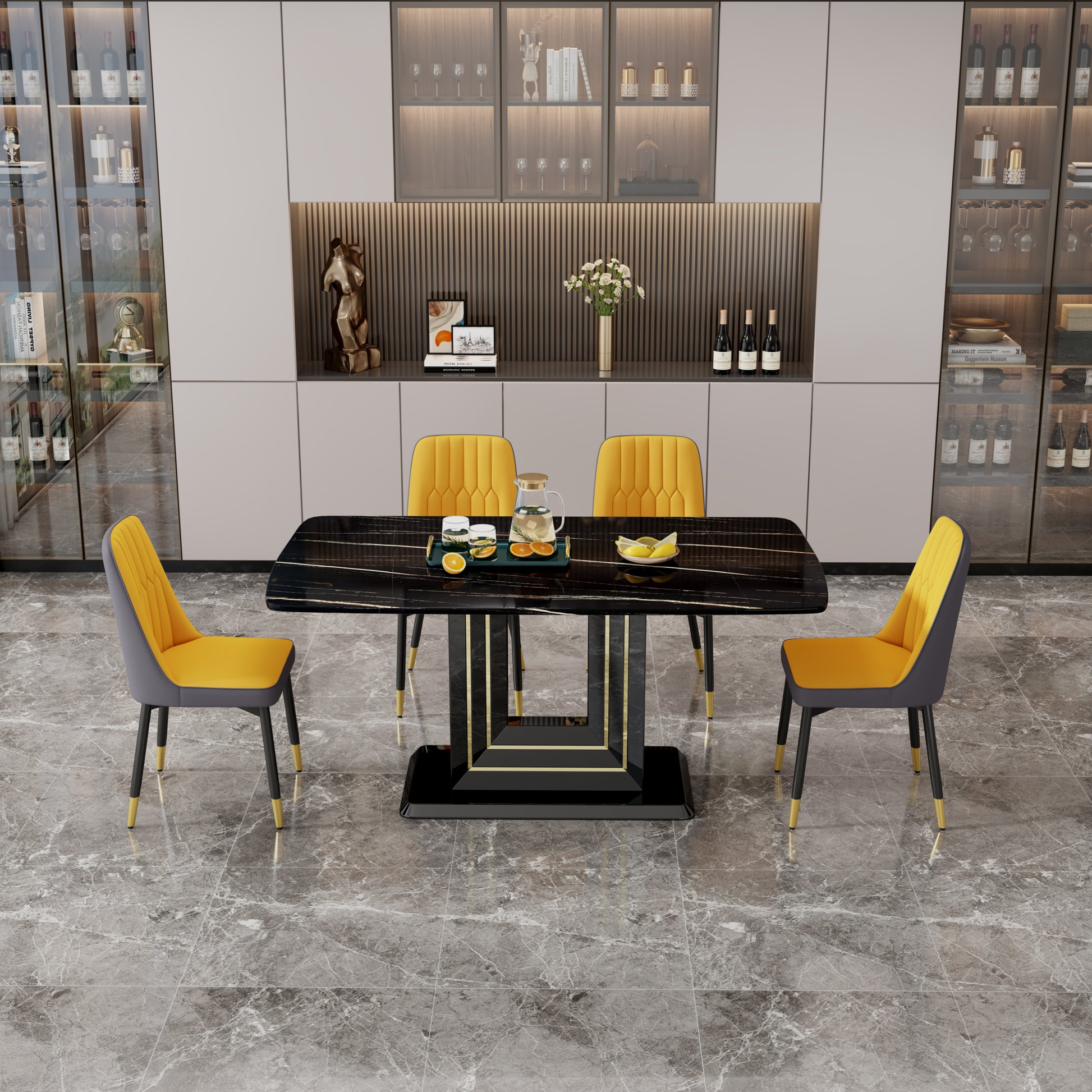 Table And Chair Set, 1 Table, 4 Pu Chairs. Black Imitation Marble Pattern Desktop. Black Mdf Table Legs. Chair With Orange Dark Gray Dual Tone Pu Leather Backrest And Black Metal Legs F Sq C 007 Black Mdf Glass