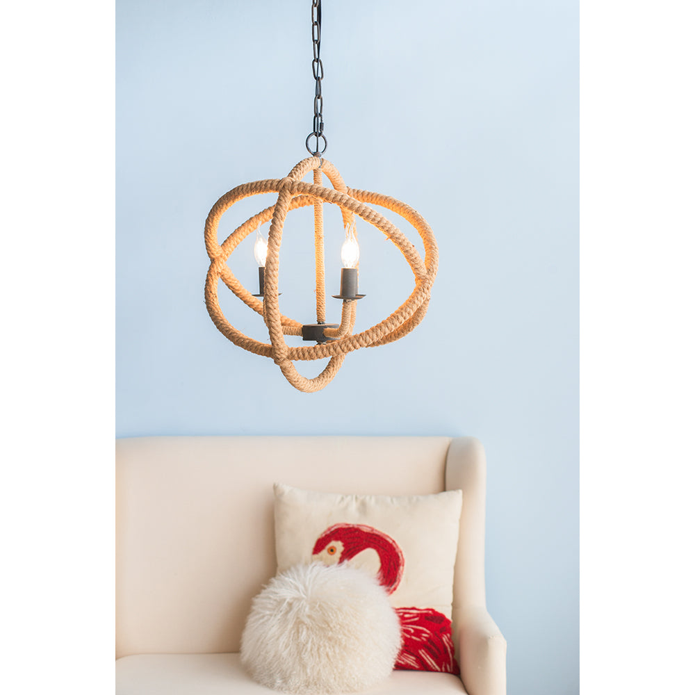 3 Light Farmhouse Chandelier, Rope Chandelier Globe Hanging Light Fixture With With Adjustable Chain For Kitchen Dining Room Foyer Entryway, Bulb Not Included Beige Brown Jute