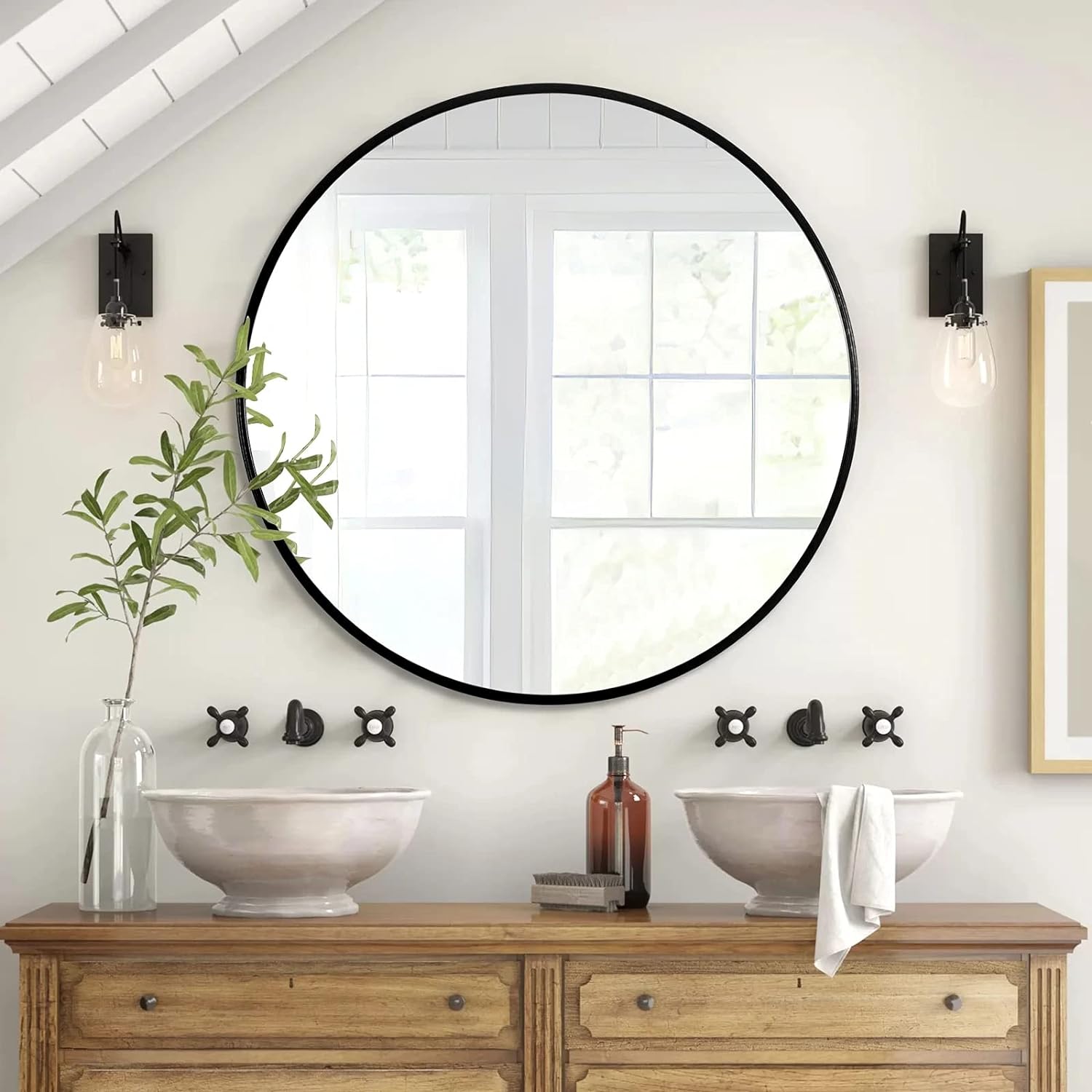 Black 42 Inch Metal Round Bathroom Mirror Black Classic Mdf Glass Aluminium Alloy