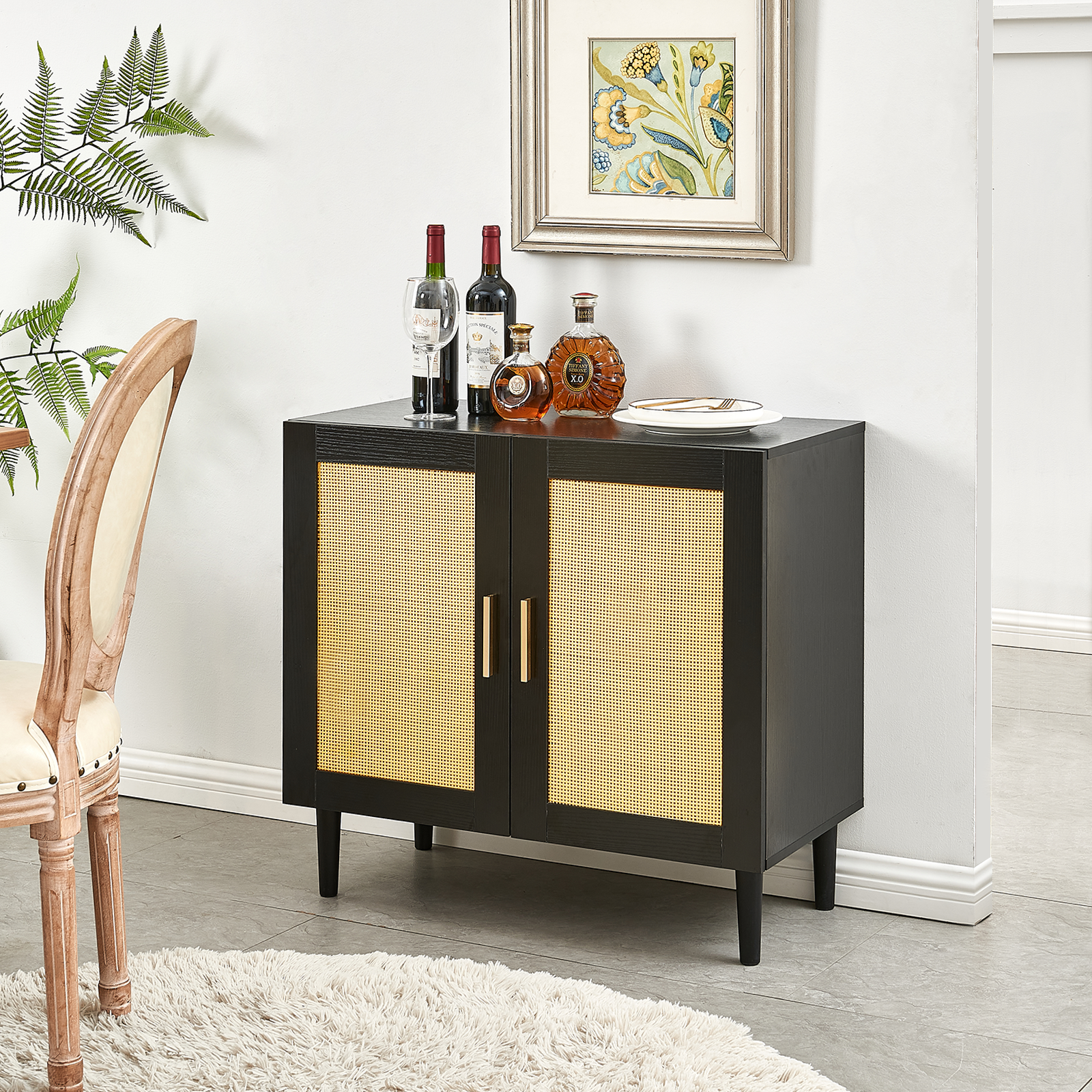 Side Panel Buffet Cabinet With Natural Rattan Door, Rattan Storage Cabinet With Adjustable Shelves, Side Panel And Buffet With Storage Space, Modern Console Cabinet In Bedroom And Living Room Black Modern Particle Board