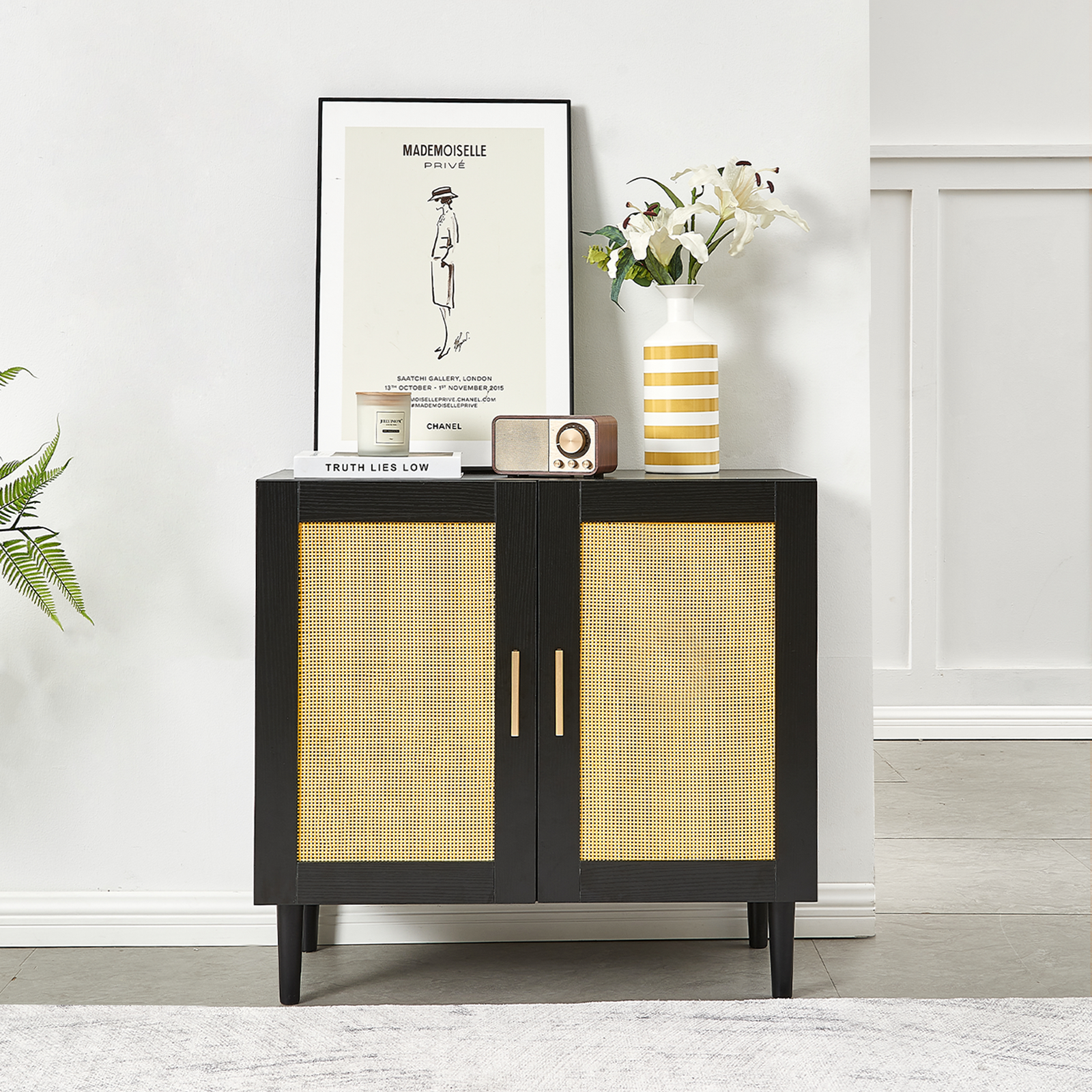 Side Panel Buffet Cabinet With Natural Rattan Door, Rattan Storage Cabinet With Adjustable Shelves, Side Panel And Buffet With Storage Space, Modern Console Cabinet In Bedroom And Living Room Black Modern Particle Board