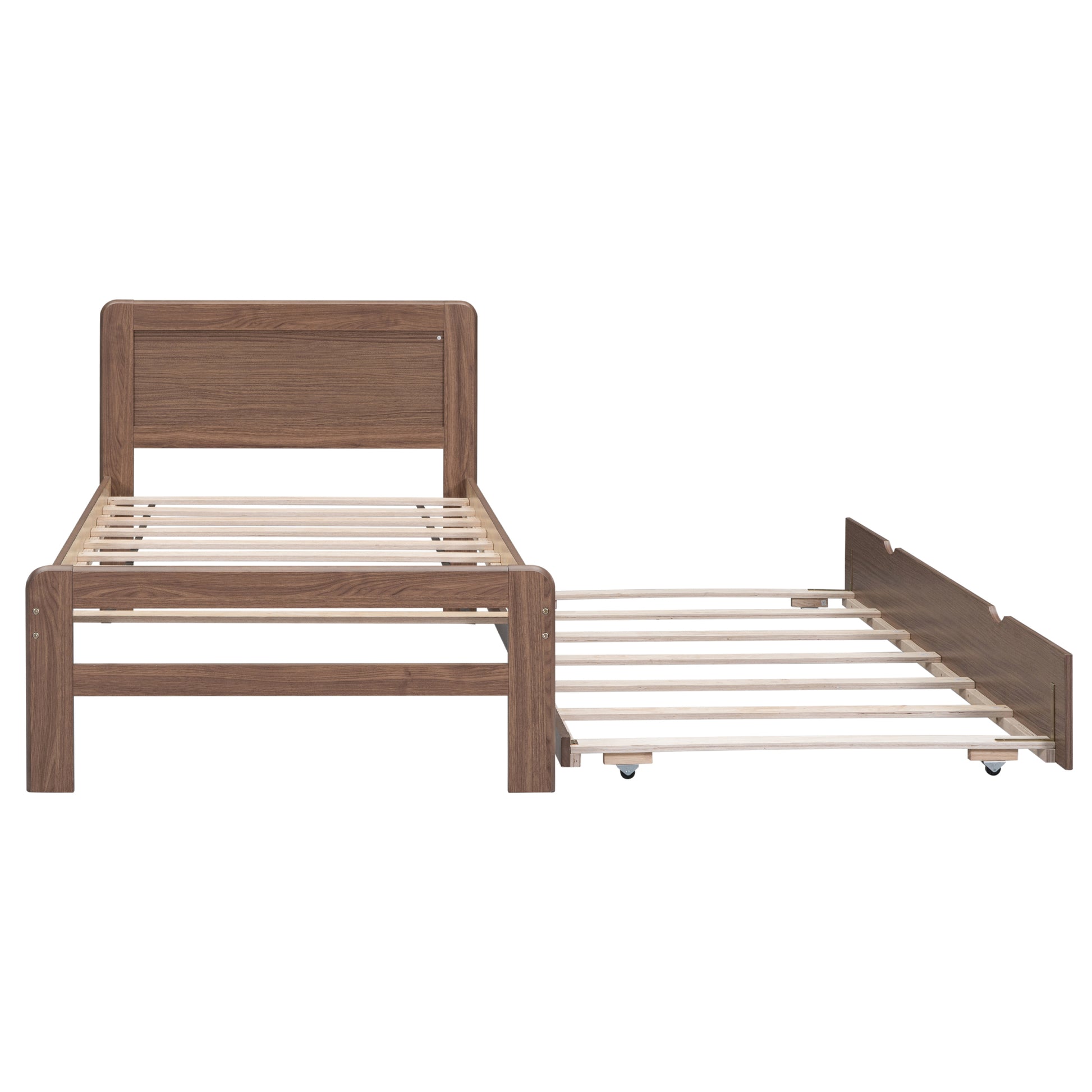 Modern Design Wooden Twin Size Platform Bed Frame With Trundle For Walnut Color Walnut Rubber Wood