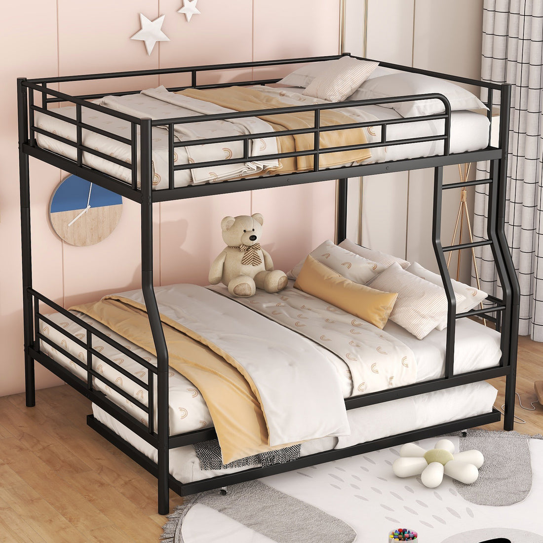 Full Xl Over Queen Metal Bunk Bed With Trundle, Black Full Xl Black Iron