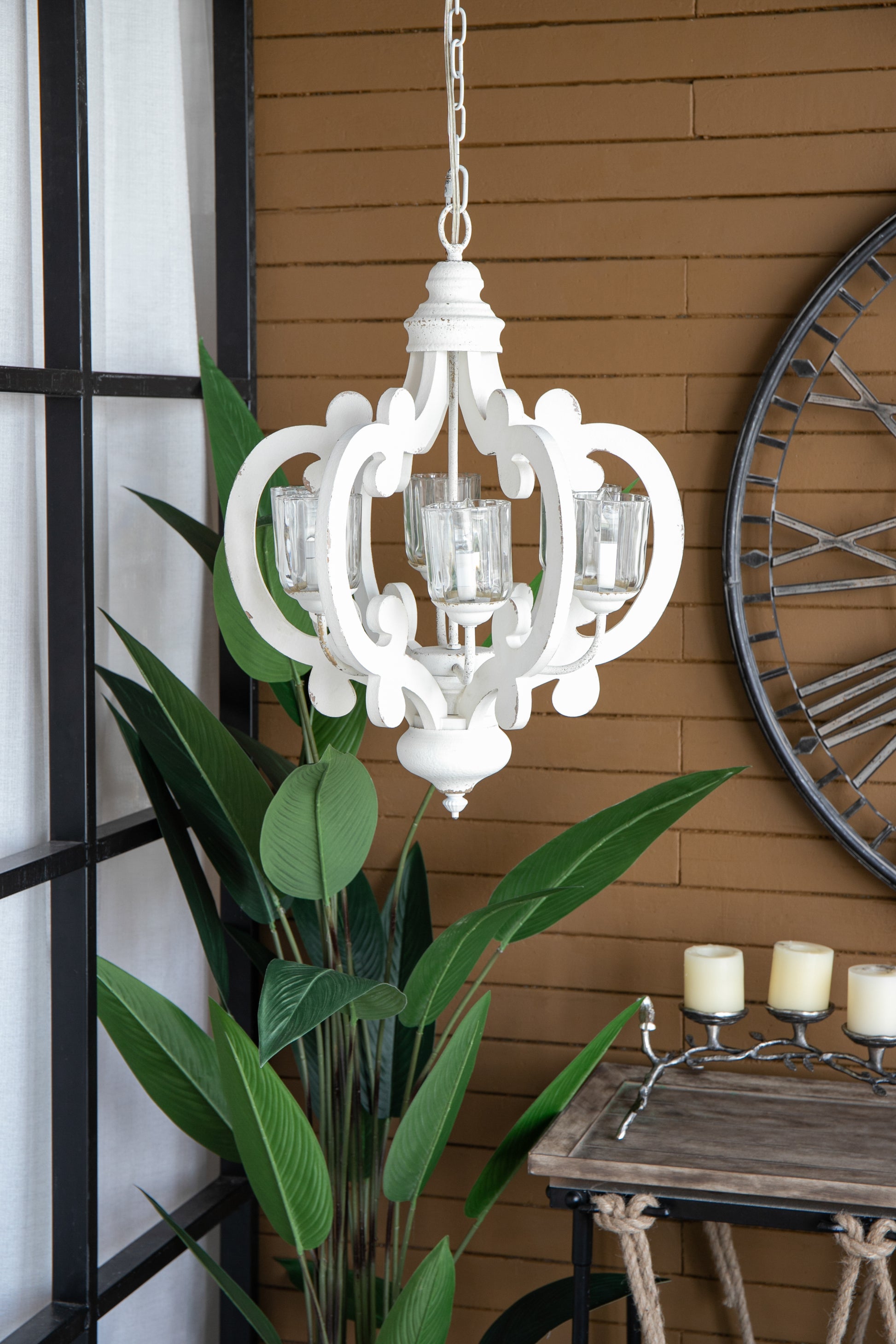 Farmhouse Chandelier, 6 Light Wood Chandelier Pendant Light Fixture With Adjustable Chain For Dining Room Living Room Entryway, Bulb Not Included Cream Mdf Metal