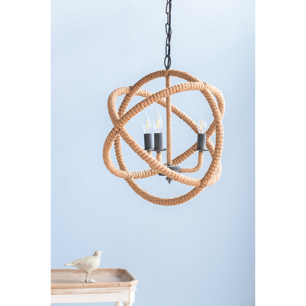 3 Light Farmhouse Chandelier, Rope Chandelier Globe Hanging Light Fixture With With Adjustable Chain For Kitchen Dining Room Foyer Entryway, Bulb Not Included Beige Brown Jute