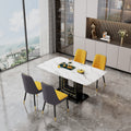 Table And Chair Set, 1 Table, 4 Pu Chairs. White Imitation Marble Pattern Desktop. Black Mdf Table Legs. Chair With Orange Deep Gray Dual Tone Pu Leather Backrest And Black Metal Legs F Sq C 007 White Mdf Glass