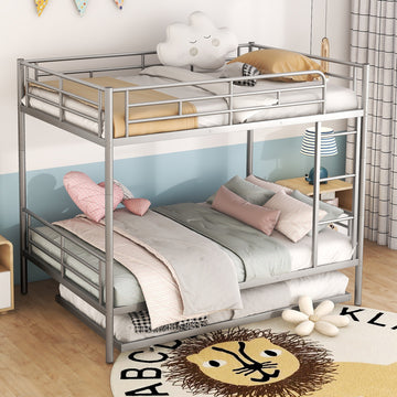 Full Over Full Metal Bunk Bed With Trundle, Silver Silver Iron