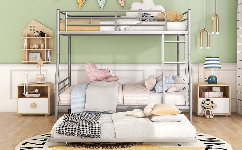 Full Xl Over Queen Metal Bunk Bed With Trundle, Silver Full Xl Silver Iron