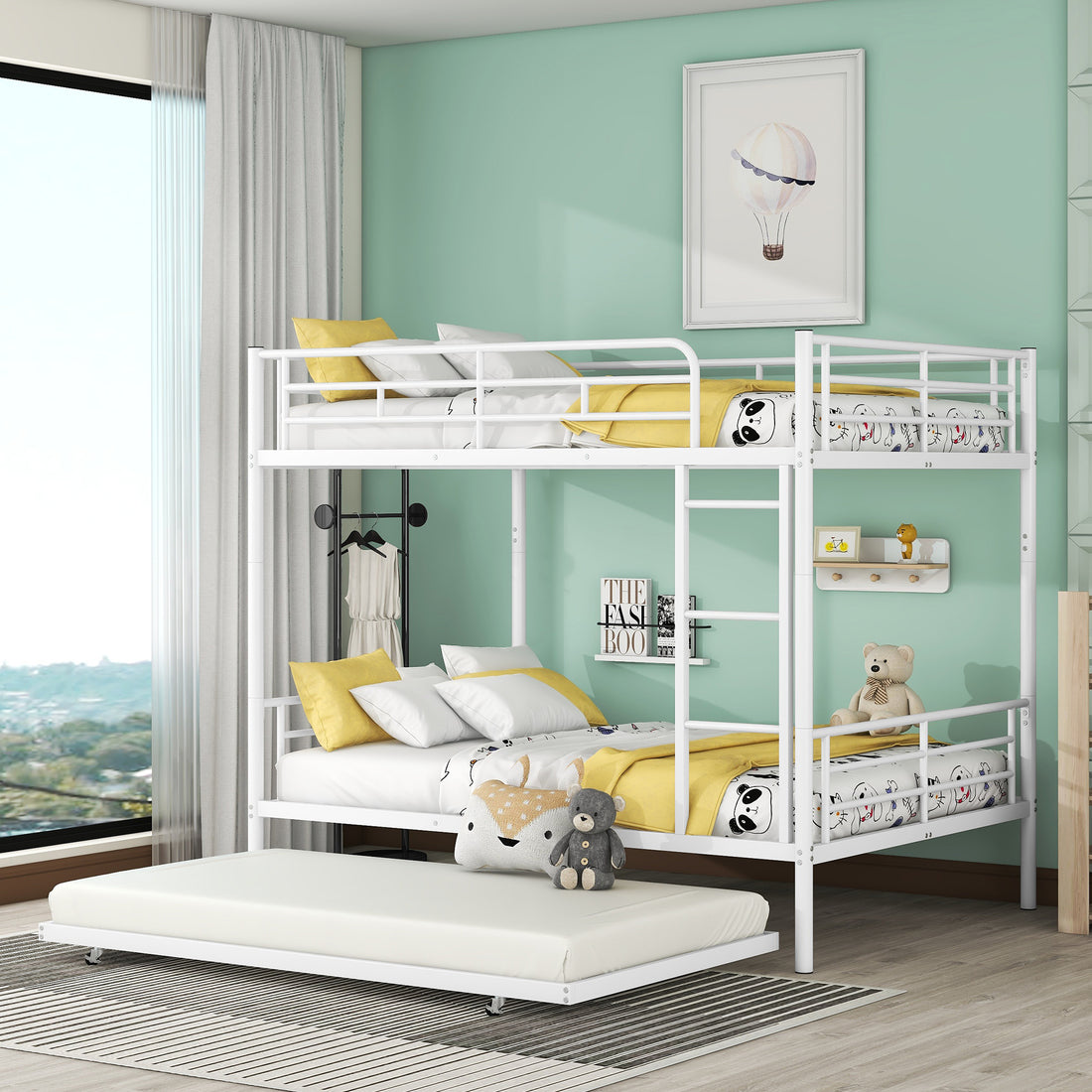 Full Over Full Metal Bunk Bed With Trundle, White White Iron