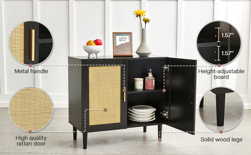 Side Panel Buffet Cabinet With Natural Rattan Door, Rattan Storage Cabinet With Adjustable Shelves, Side Panel And Buffet With Storage Space, Modern Console Cabinet In Bedroom And Living Room Black Modern Particle Board