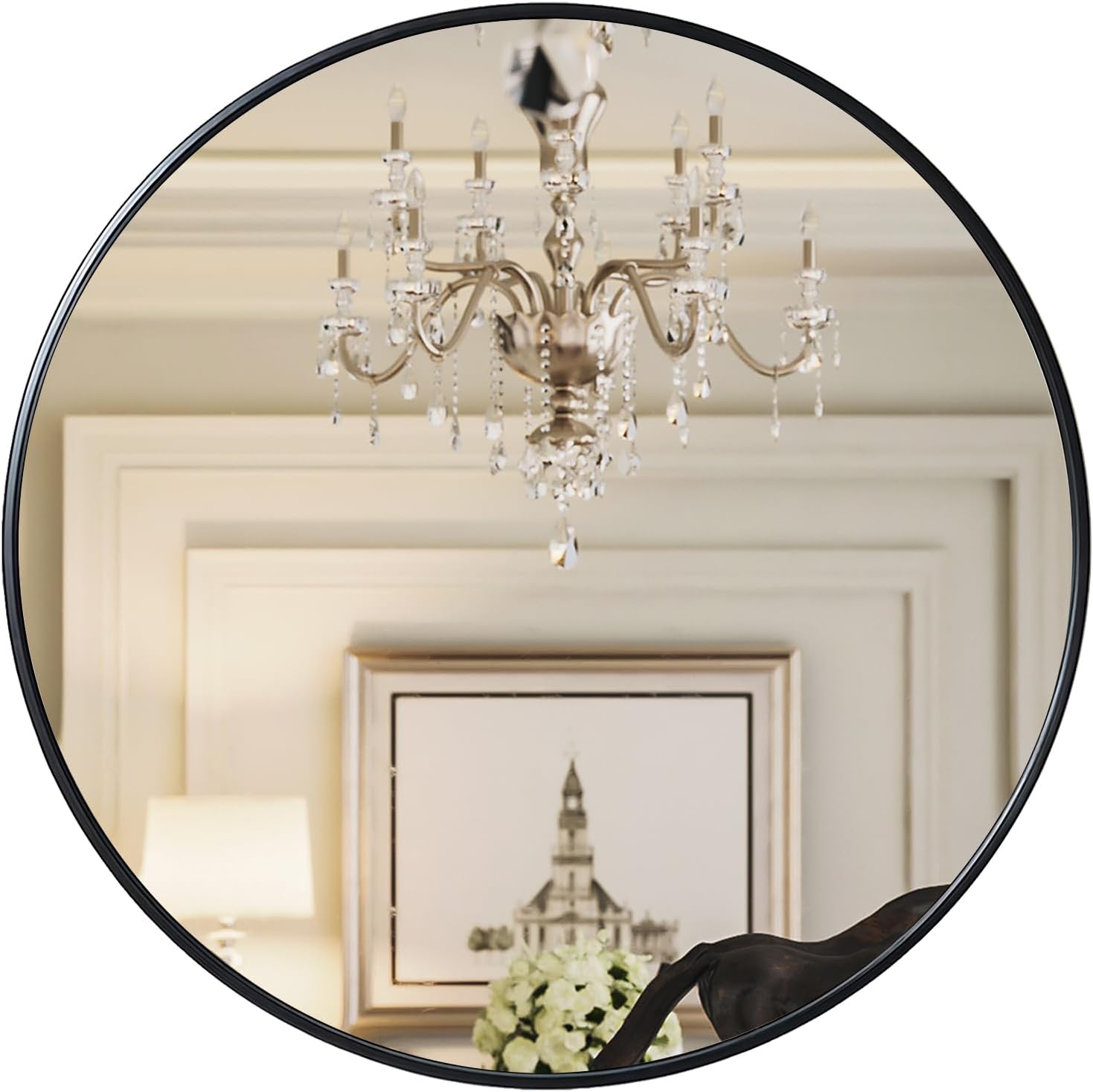 Black 42 Inch Metal Round Bathroom Mirror Black Classic Mdf Glass Aluminium Alloy