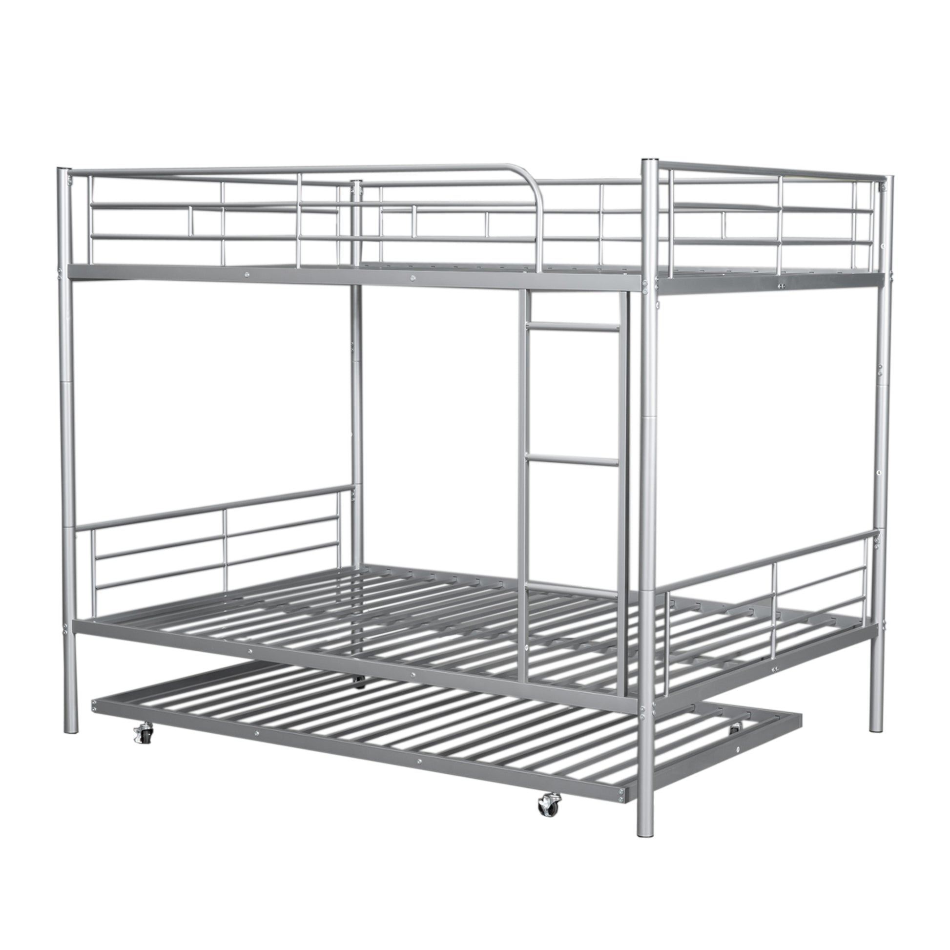 Full Over Full Metal Bunk Bed With Trundle, Silver Silver Iron