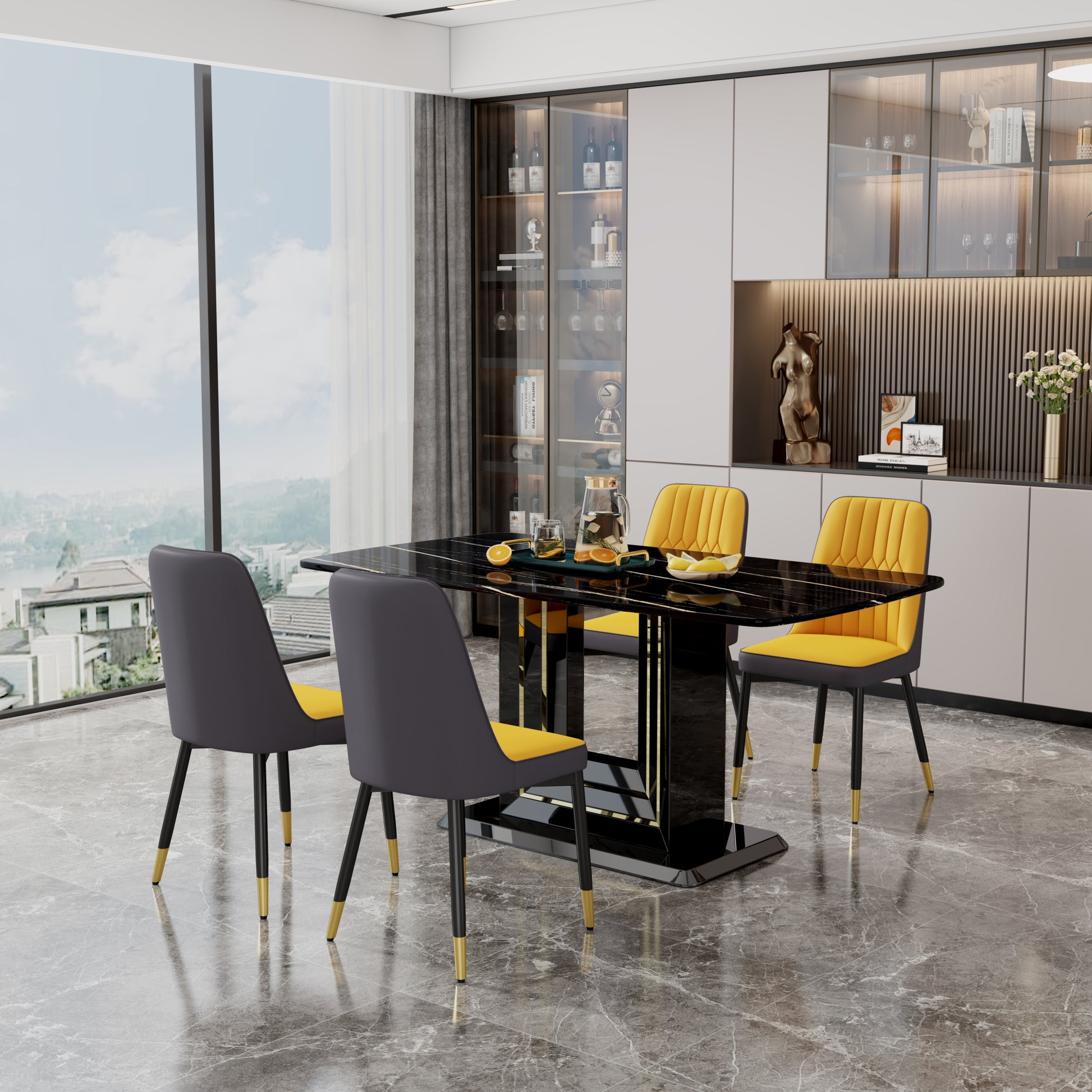 Table And Chair Set, 1 Table, 4 Pu Chairs. Black Imitation Marble Pattern Desktop. Black Mdf Table Legs. Chair With Orange Dark Gray Dual Tone Pu Leather Backrest And Black Metal Legs F Sq C 007 Black Mdf Glass