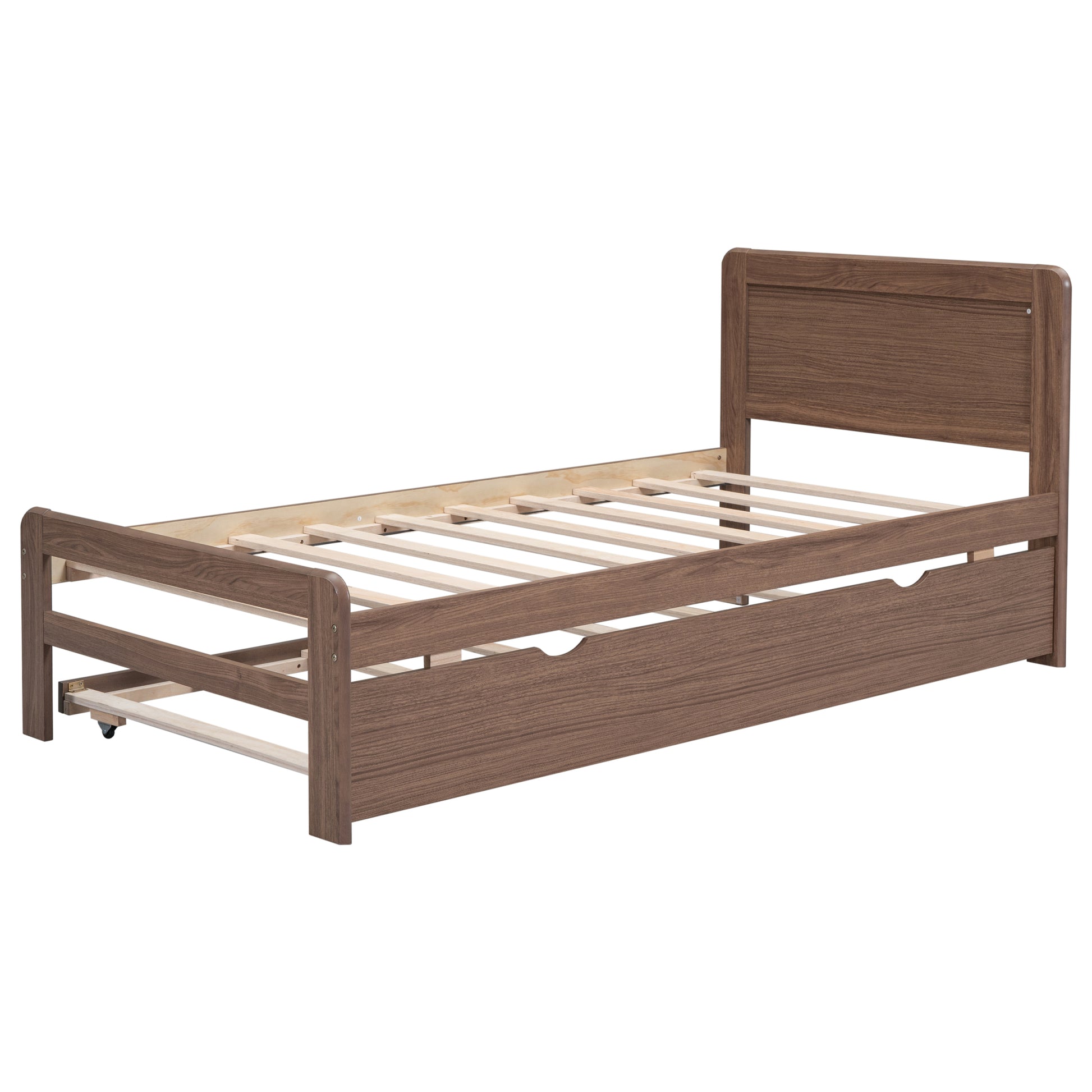 Modern Design Wooden Twin Size Platform Bed Frame With Trundle For Walnut Color Walnut Rubber Wood