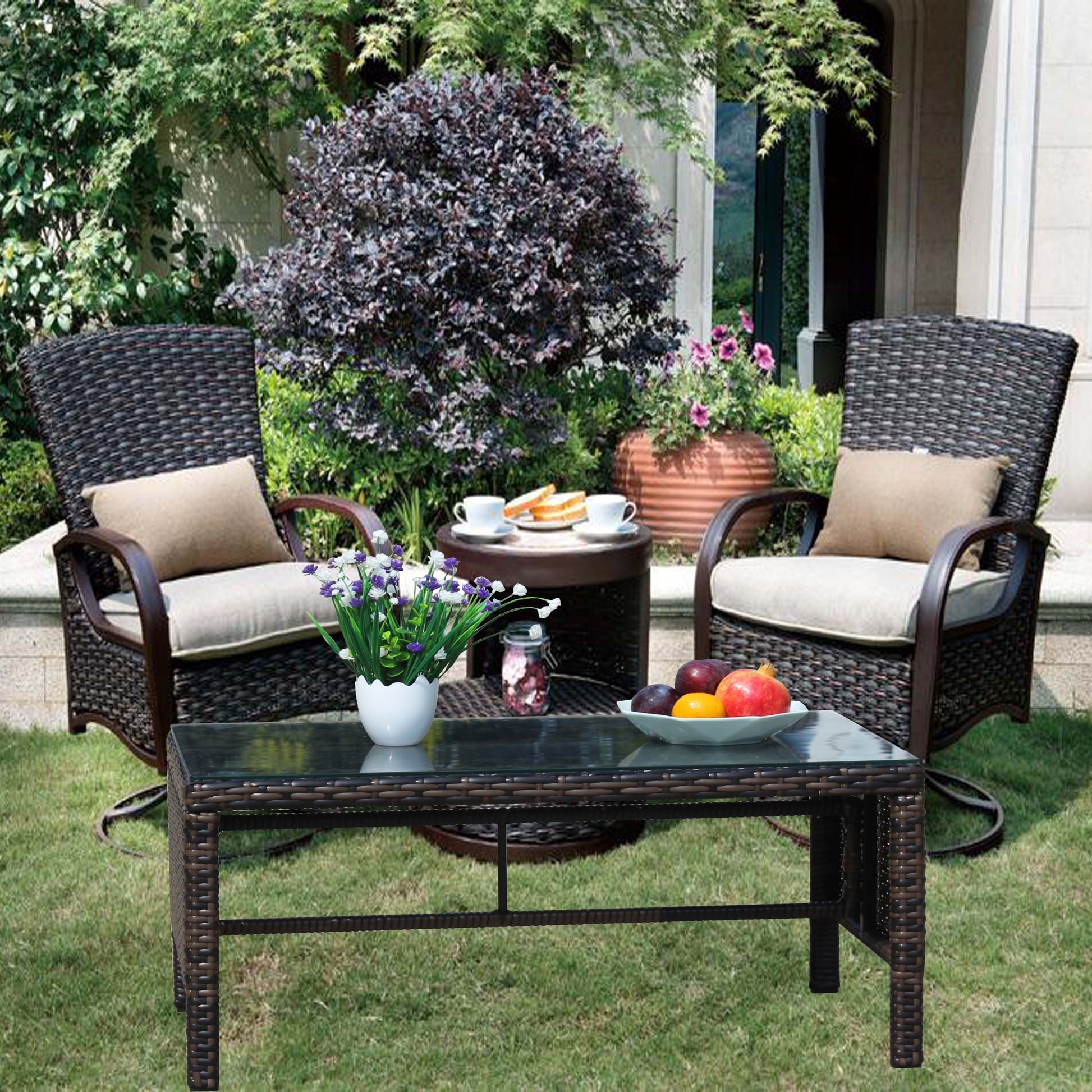 Outdoor Patio Furniture 1 Coffee Table With Clear Tempered Glass Brown Rattan