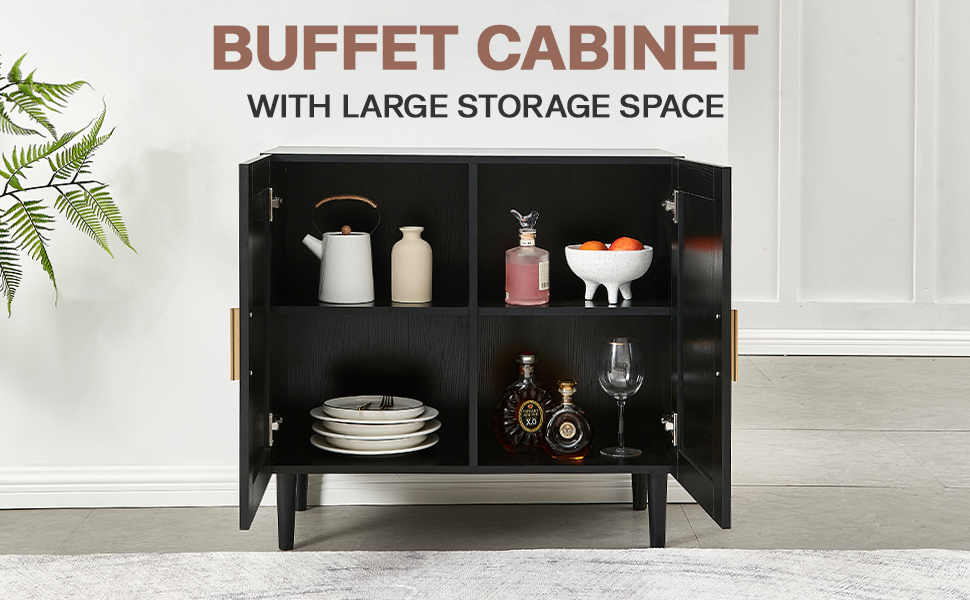 Side Panel Buffet Cabinet With Natural Rattan Door, Rattan Storage Cabinet With Adjustable Shelves, Side Panel And Buffet With Storage Space, Modern Console Cabinet In Bedroom And Living Room Black Modern Particle Board