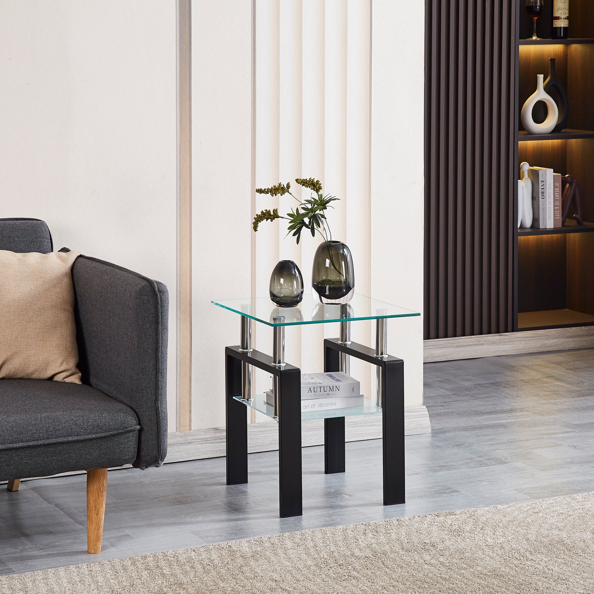 Tempered Transparent Glass End Table, 2 Layers Small Table With Storage, Living Room Side Table Clear Tempered Glass