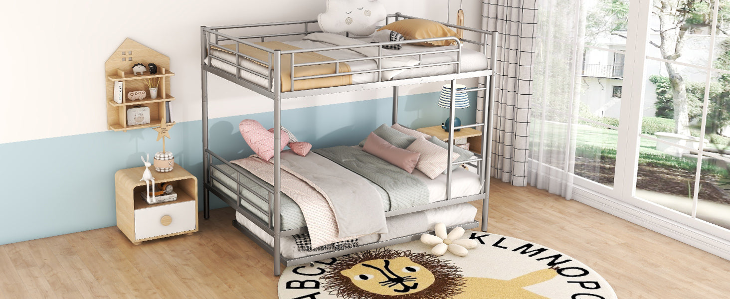 Full Over Full Metal Bunk Bed With Trundle, Silver Silver Iron